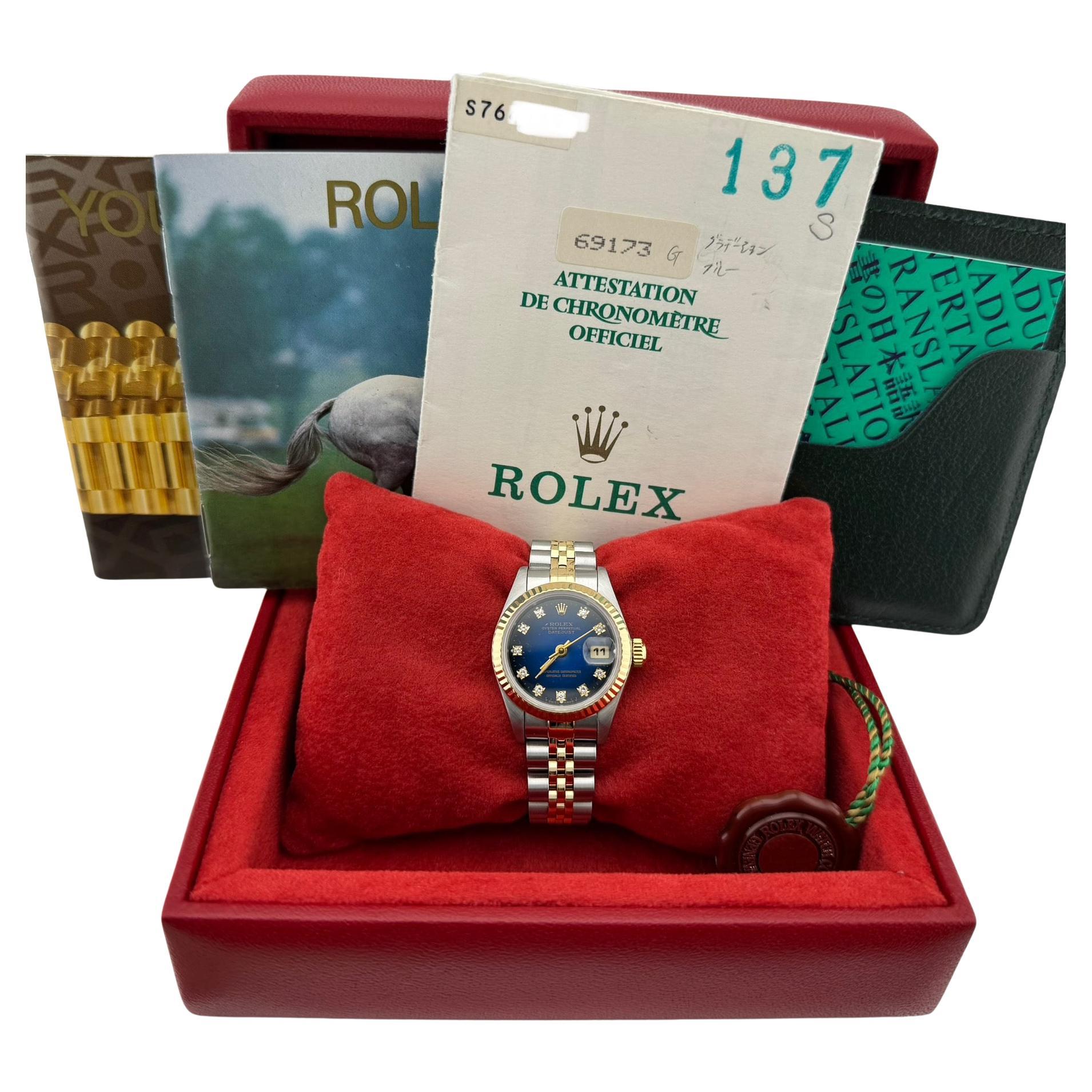 Rolex Ladies Datejust 69173 Esfera diamante viñeta azul Oro 18K Caja Papeles