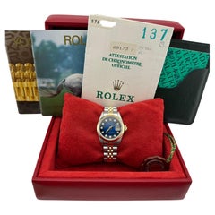 Rolex Ladies Datejust 69173 Blue Vignette Diamond Dial 18K Gold Steel Box Papers