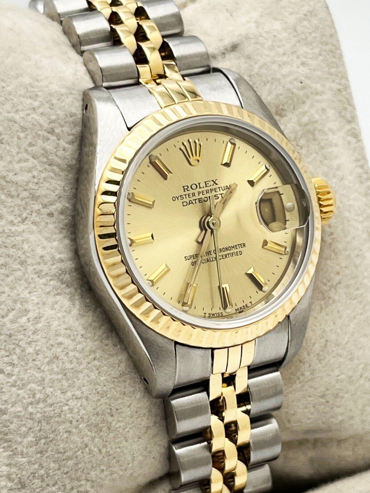 Rolex Ladies Datejust 69173 Champagne Dial 18K Gold Stainless Steel Box Papers In Excellent Condition In San Diego, CA