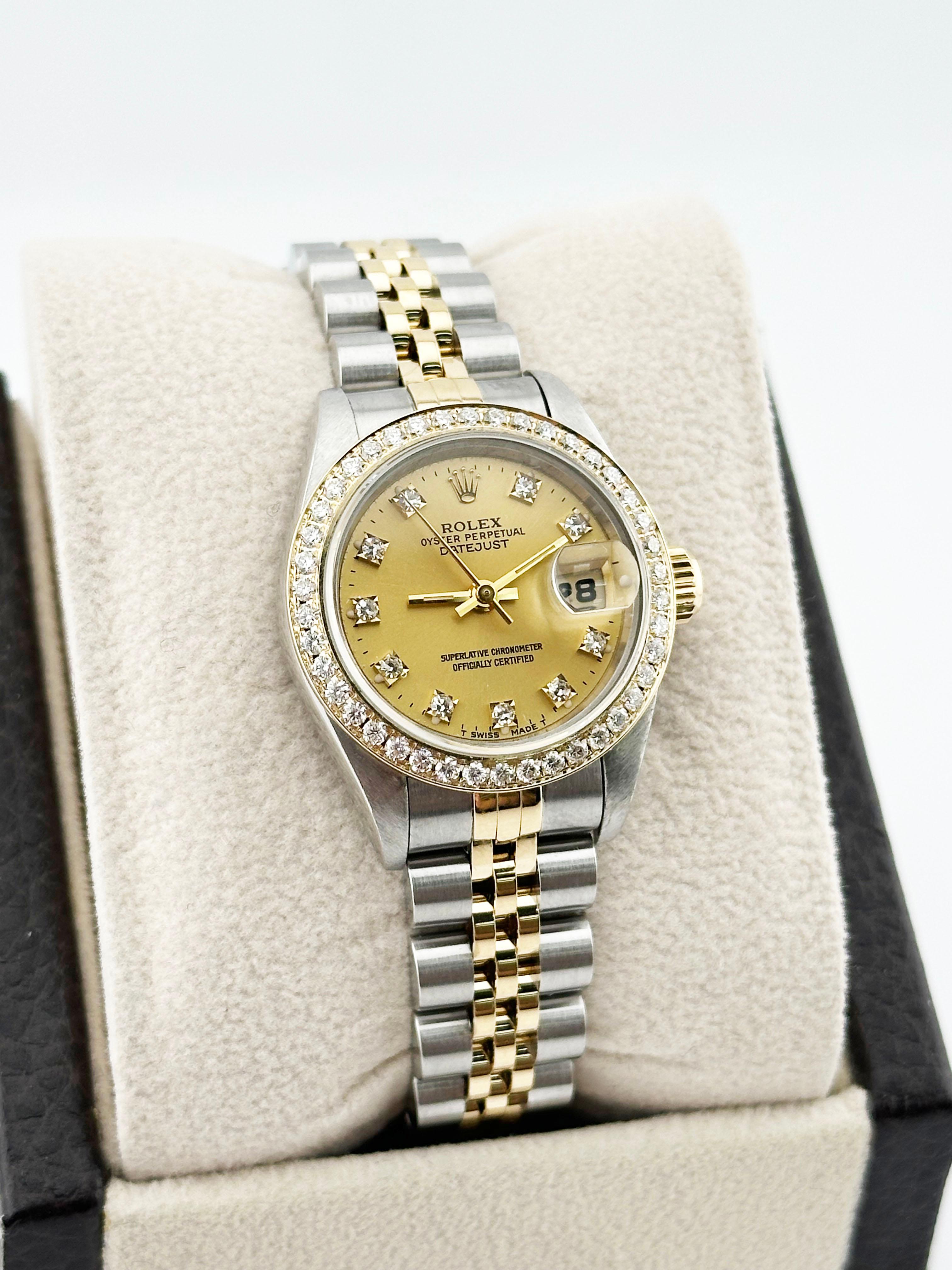 Rolex Ladies Datejust 69173 Champagne Diamond Dial & Bezel 18K Yellow Gold Steel In Excellent Condition In San Diego, CA