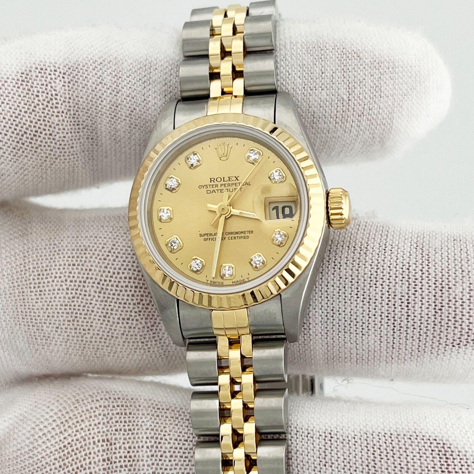 Style Number: 69173



Serial: W425***



Year: 1996

 

Model: Rolex Ladies Datejust 

 

Case Material: Stainless Steel 

 

Band: 18K Yellow Gold & Stainless Steel 

  

Bezel: 18K Yellow Gold 

  

Dial: Original Champagne Diamond Dial 

