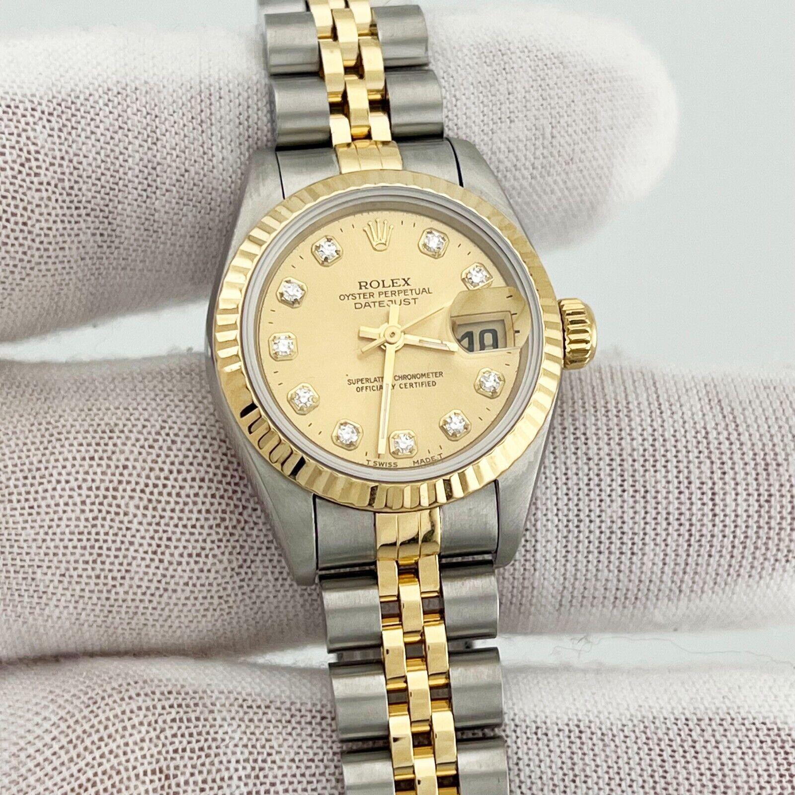 Women's Rolex Ladies Datejust 69173 Champagne Diamond Dial Stainless 18K Gold Box Paper
