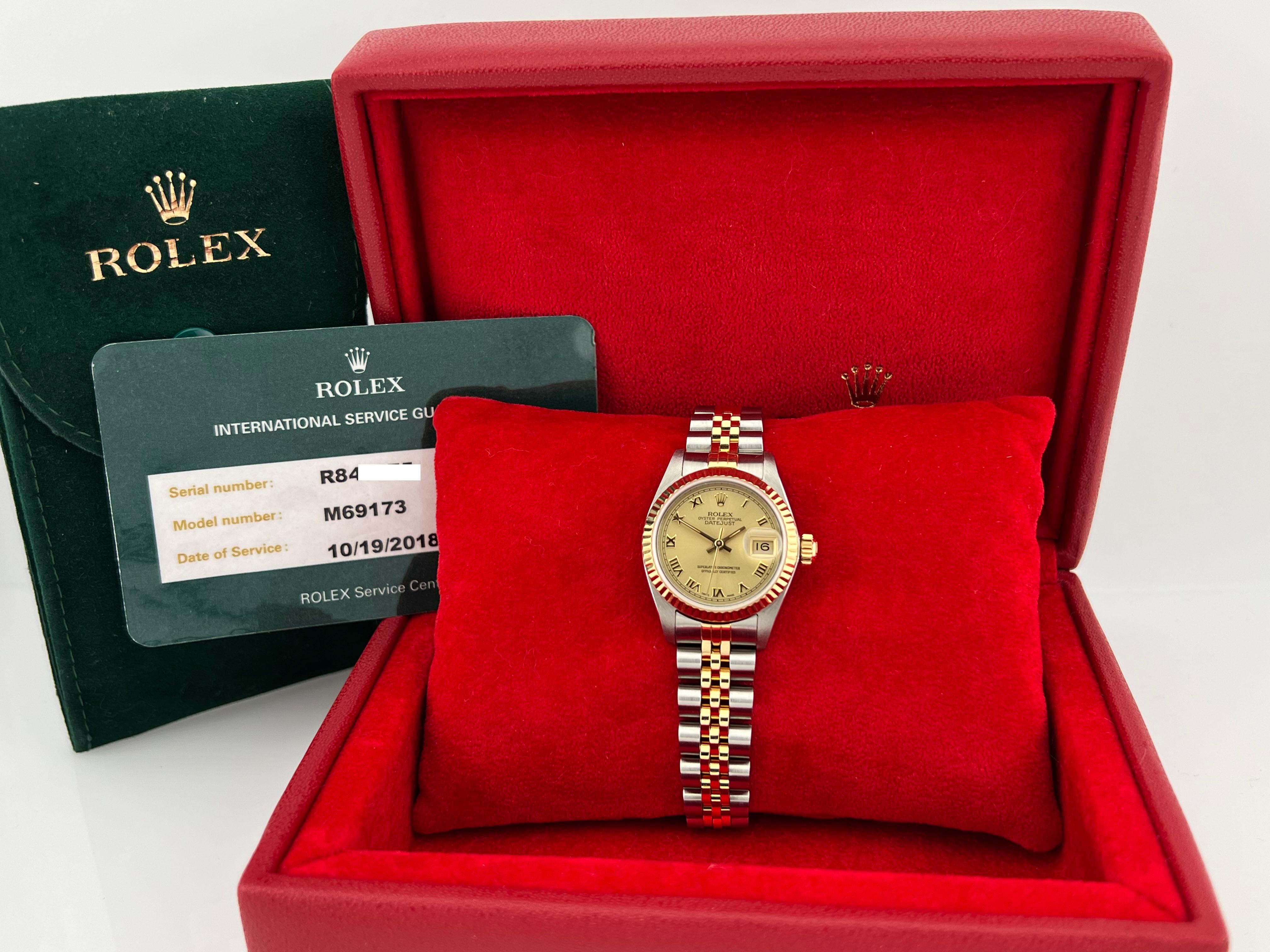 Style Number: 69173



Serial: R841***



Year: 1988

 

Model: Rolex Ladies Datejust 

 

Case Material: Stainless Steel 

 

Band: 18K Yellow Gold & Stainless Steel 

 

Bezel: 18K Yellow Gold Fluted Bezel 

 

Dial: Champagne Roman Numerals 

