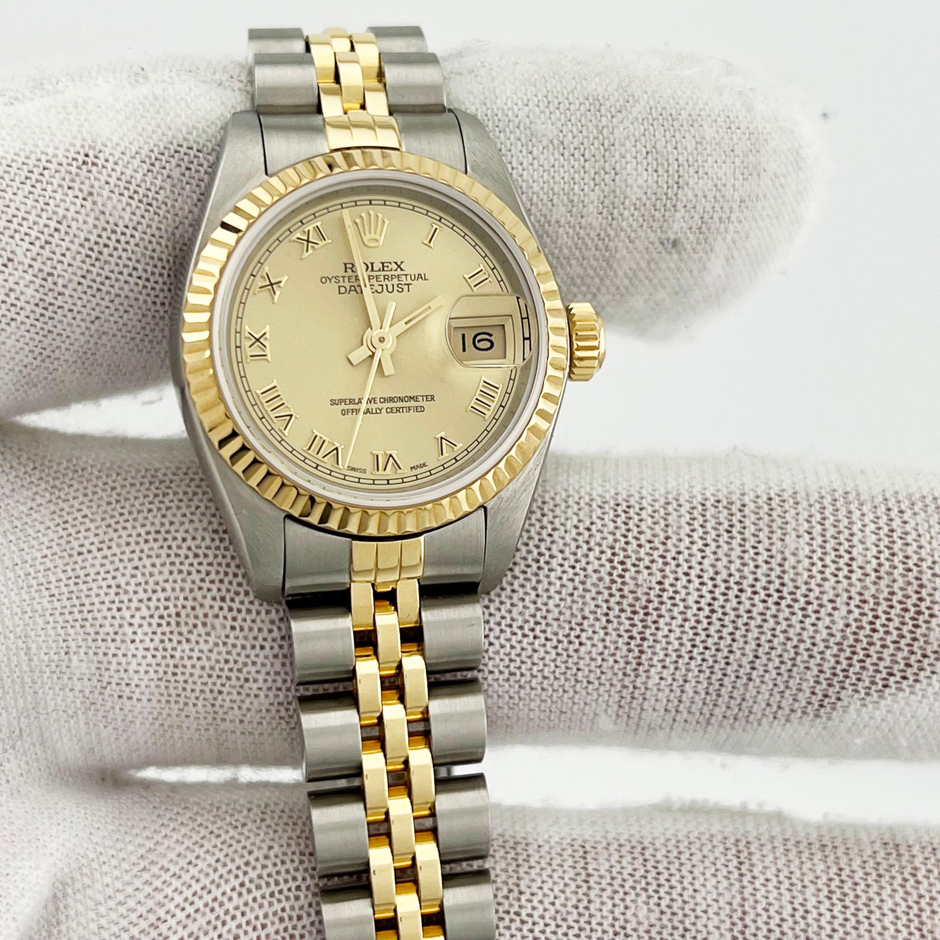 Women's Rolex Ladies Datejust 69173 Champagne Roman Dial 18K Gold Steel Service Card
