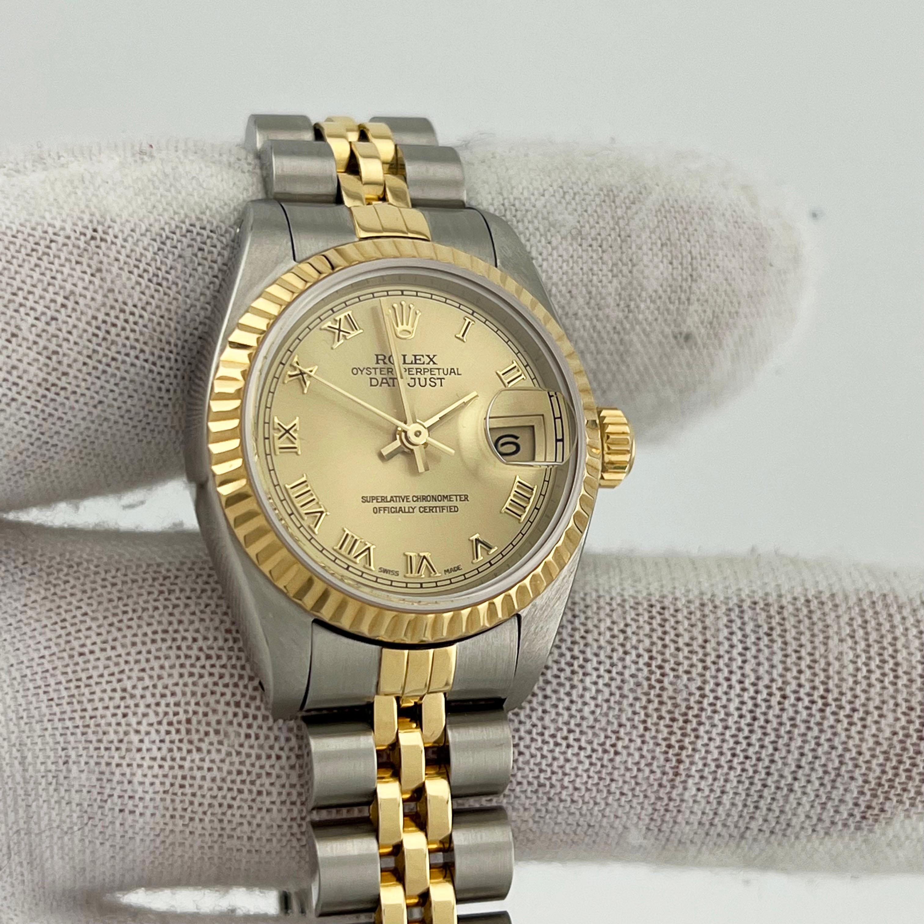 Rolex Ladies Datejust 69173 Champagne Roman Dial 18K Gold Steel Service Card 1