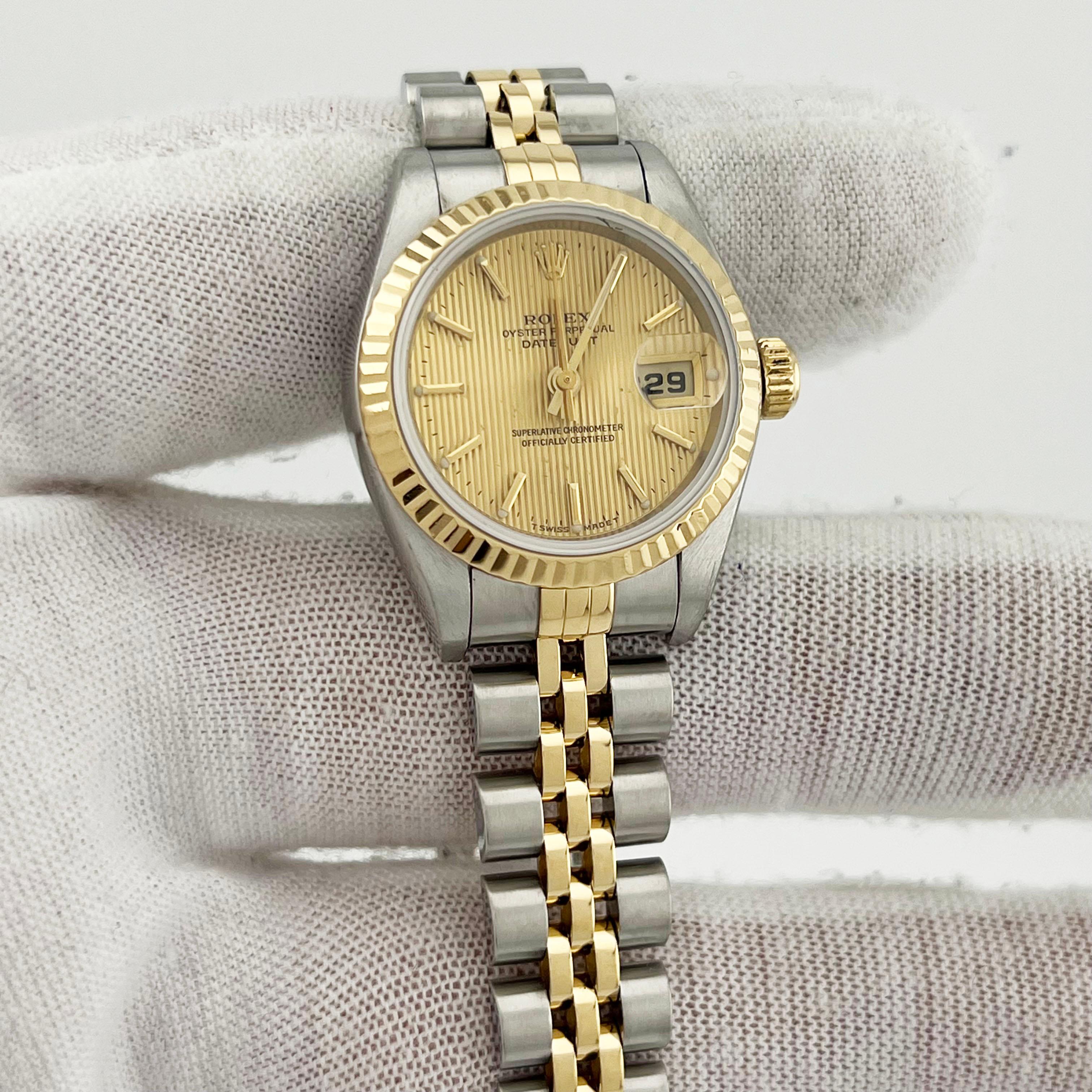Rolex Damen Datejust 69173 Champagner-Wandteppich-Zifferblatt 18K Gelbgold Stahl im Zustand „Hervorragend“ in San Diego, CA