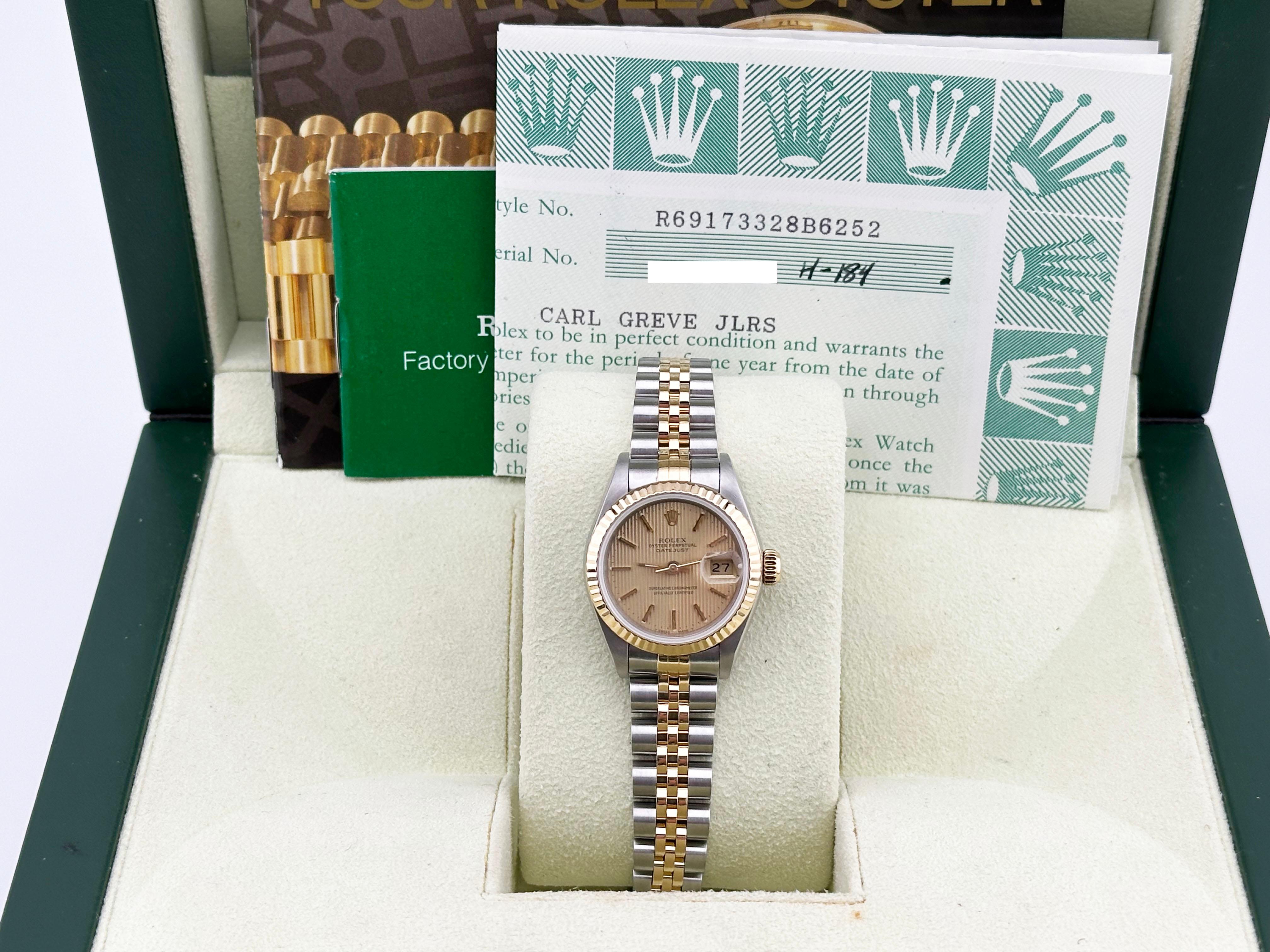 Rolex Ladies Datejust 69173 Champagne Tapestry Dial Box Paper In Excellent Condition In San Diego, CA