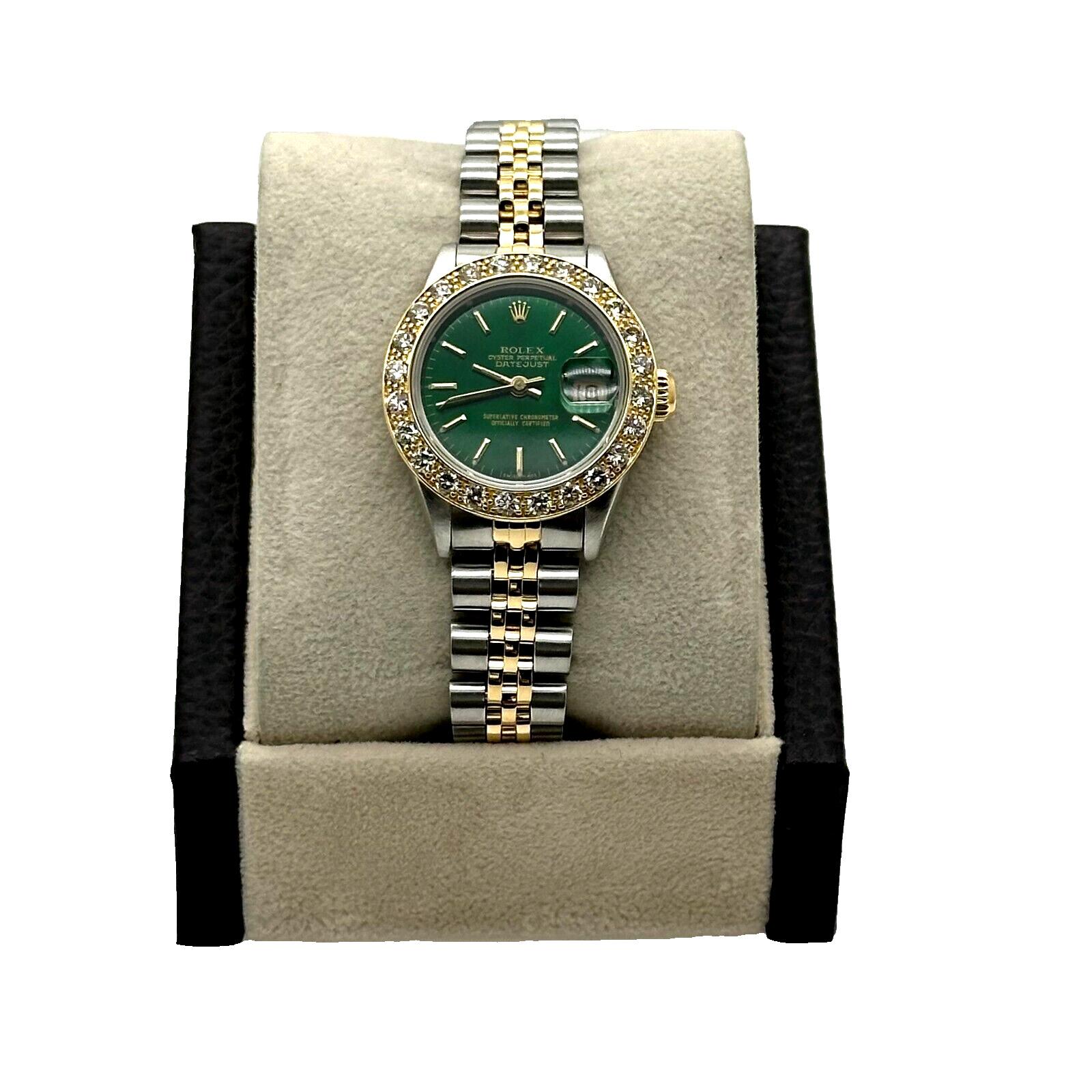 Rolex Ladies Datejust 69173 Diamond Bezel Green Dial 18K Yellow Gold Steel For Sale 2