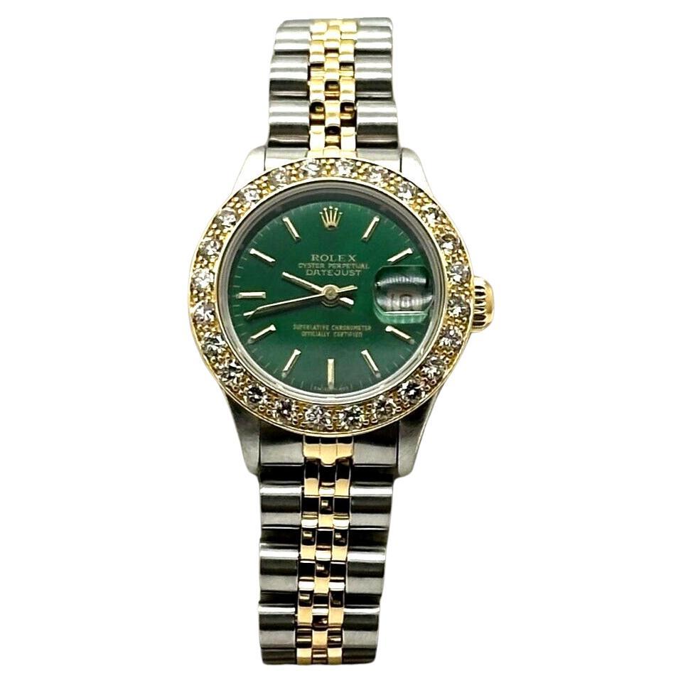 Rolex Ladies Datejust 69173 Diamond Bezel Green Dial 18K Yellow Gold Steel For Sale