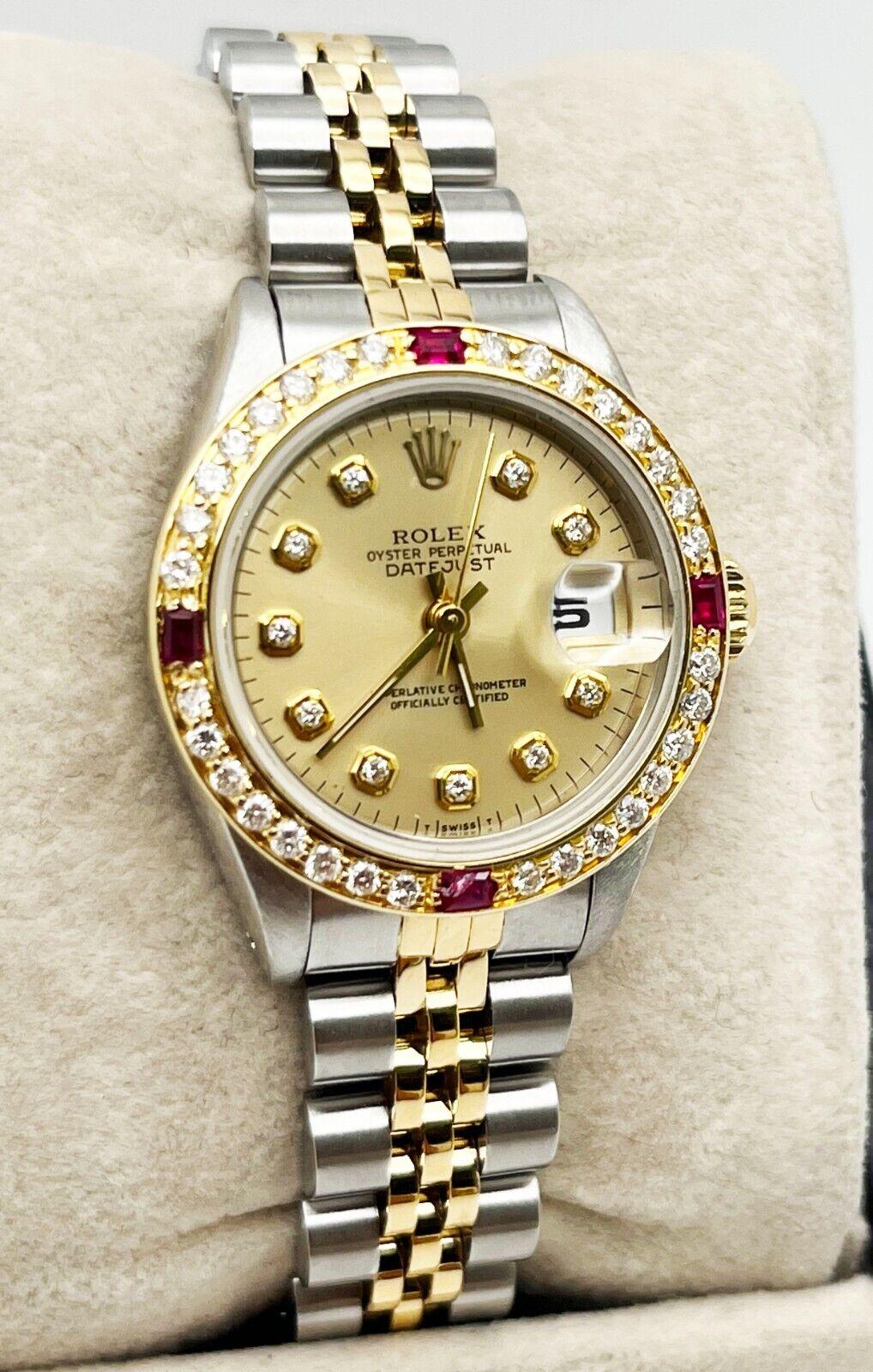 Rolex Ladies Datejust 69173 Diamond Dial Diamond Ruby Bezel 18K Gold Steel In Excellent Condition For Sale In San Diego, CA