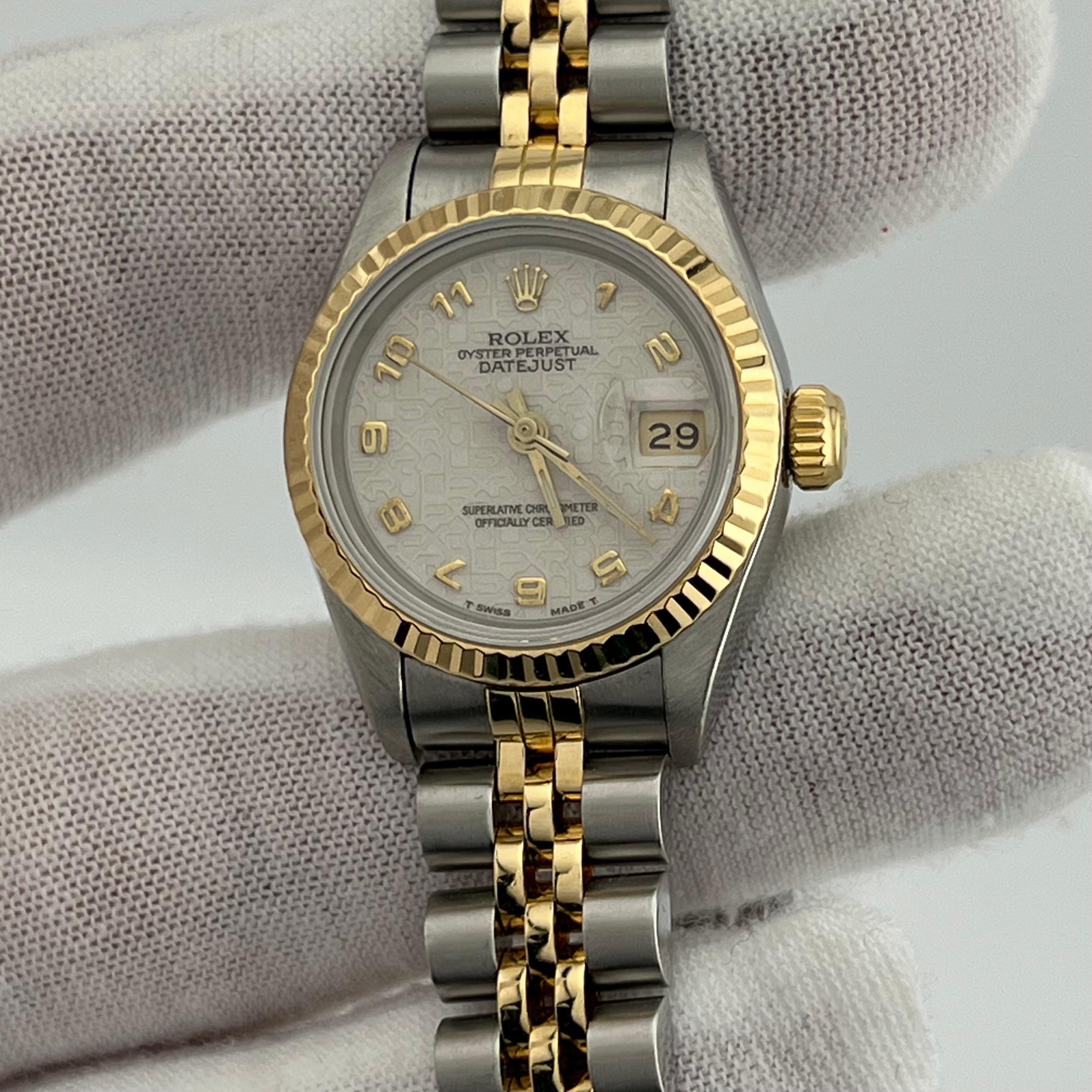 Style Number: 69173



Serial: 9244***



Year: 1986

 

Model: Rolex Ladies Datejust

 

Case Material: Stainless Steel

 

Band: 18K Yellow Gold & Stainless Steel

 

Bezel: 18K Yellow Gold

  

Dial: Ivory Jubilee Pattern Dial



Face: Sapphire