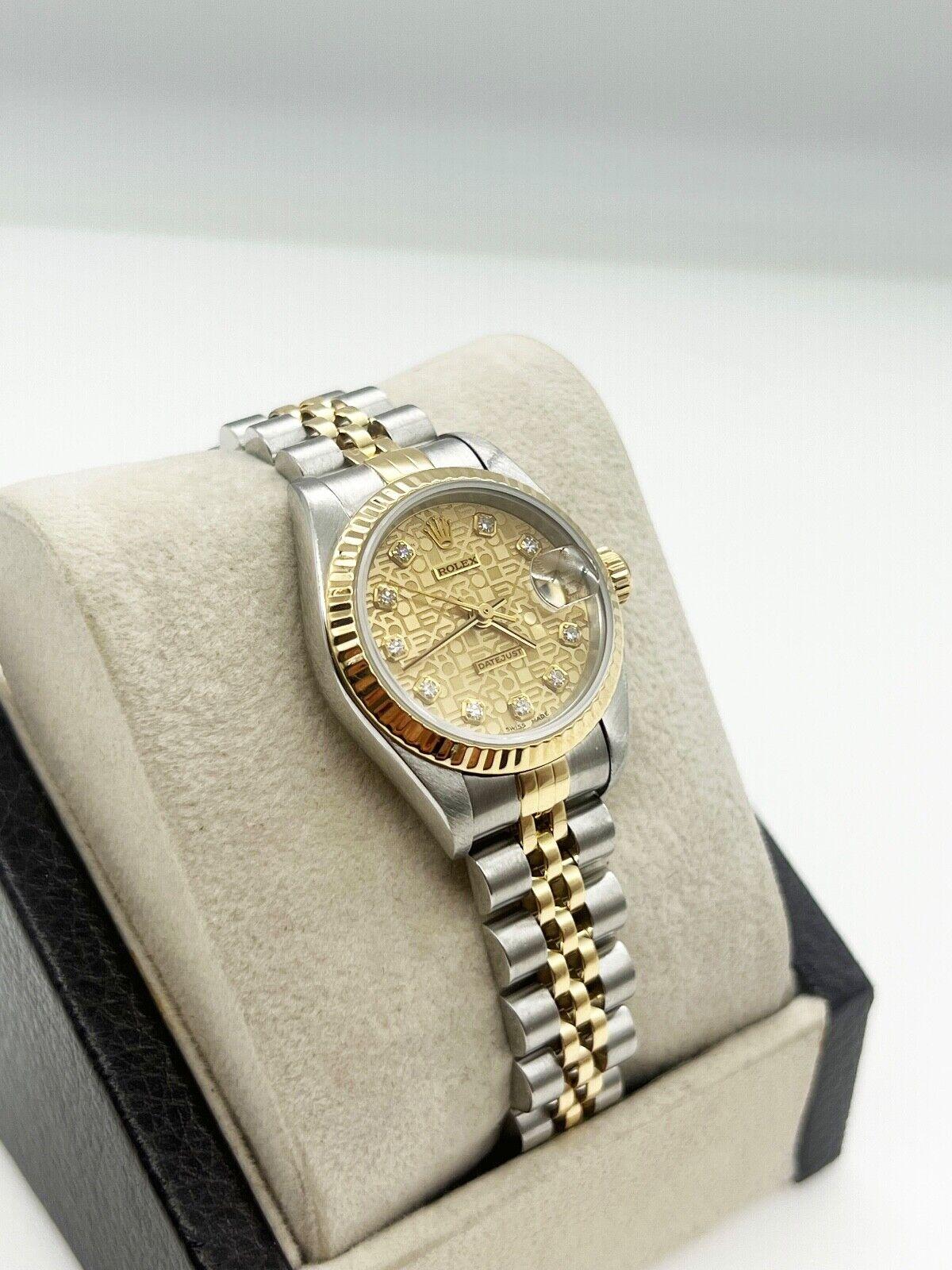 Rolex Ladies Datejust 69173 Jubilee Serti Diamond Dial 18K Gold Steel Box Papers In Excellent Condition In San Diego, CA