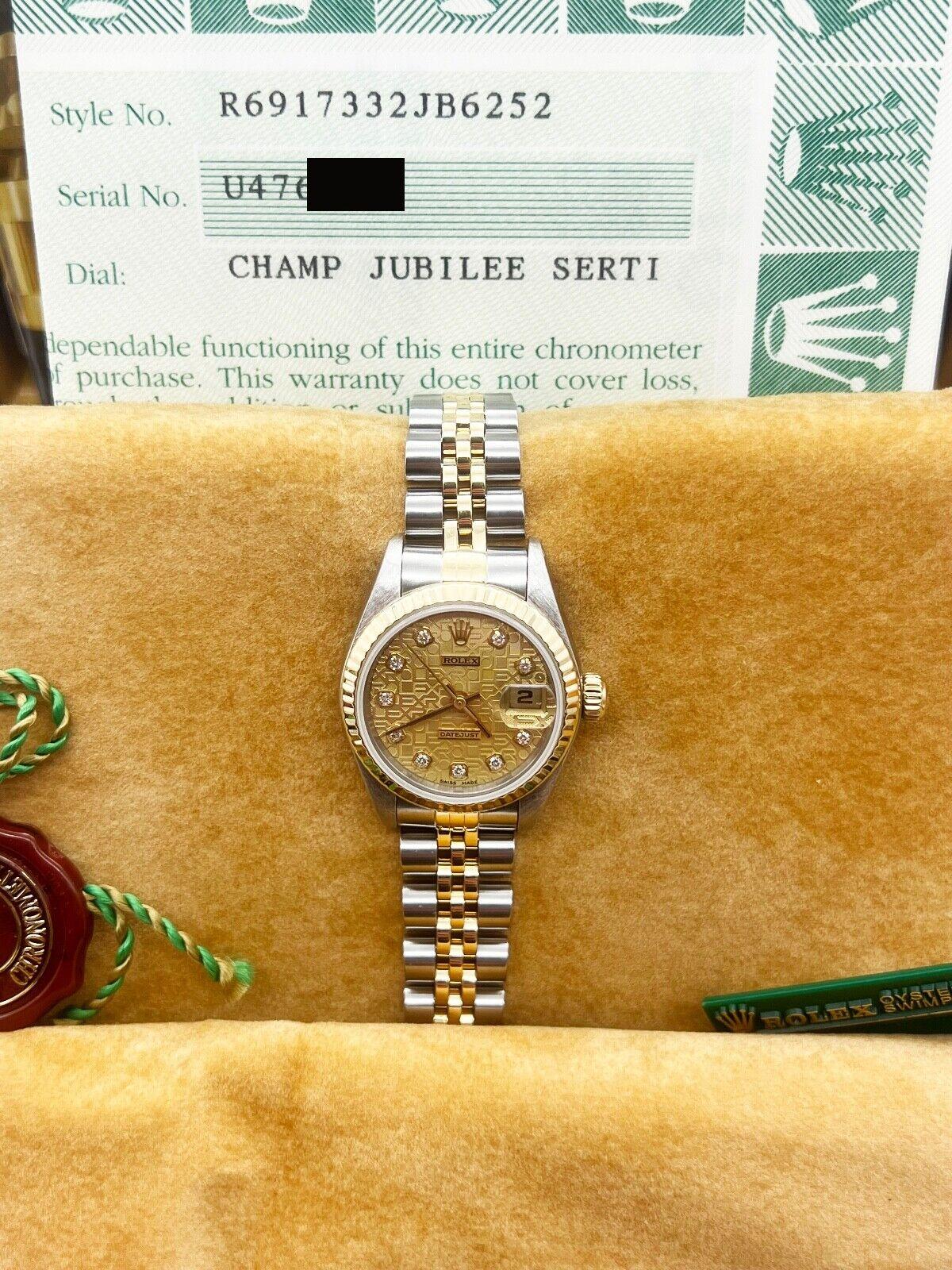 Women's Rolex Ladies Datejust 69173 Jubilee Serti Diamond Dial 18K Gold Steel Box Papers