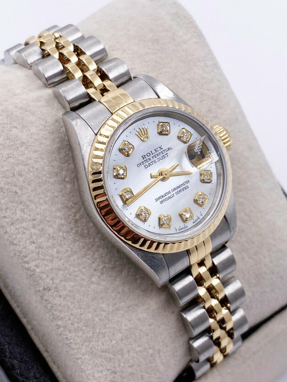 Style Number: 69173

 

Serial: T327***

 

Model: Datejust 

 

Case Material: Stainless Steel

 

Band: 18K Yellow Gold & Stainless Steel

 

Bezel:  18K Yellow Gold

 

Dial: Custom MOP Diamond Dial

 

Face: Sapphire Crystal

 

Case Size: