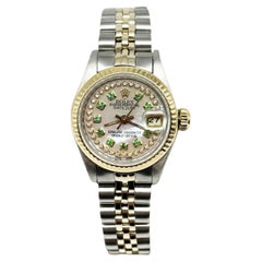 Vintage Rolex Ladies Datejust 69173 MOP Diamond Emerald Dial 18k Yellow Gold Steel