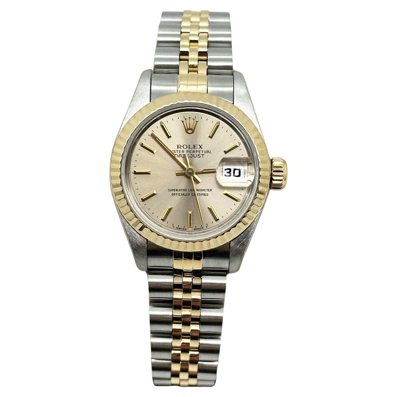 Rolex Ladies Datejust 69173 Silver Dial 18K Yellow Gold Steel Box Papers For Sale
