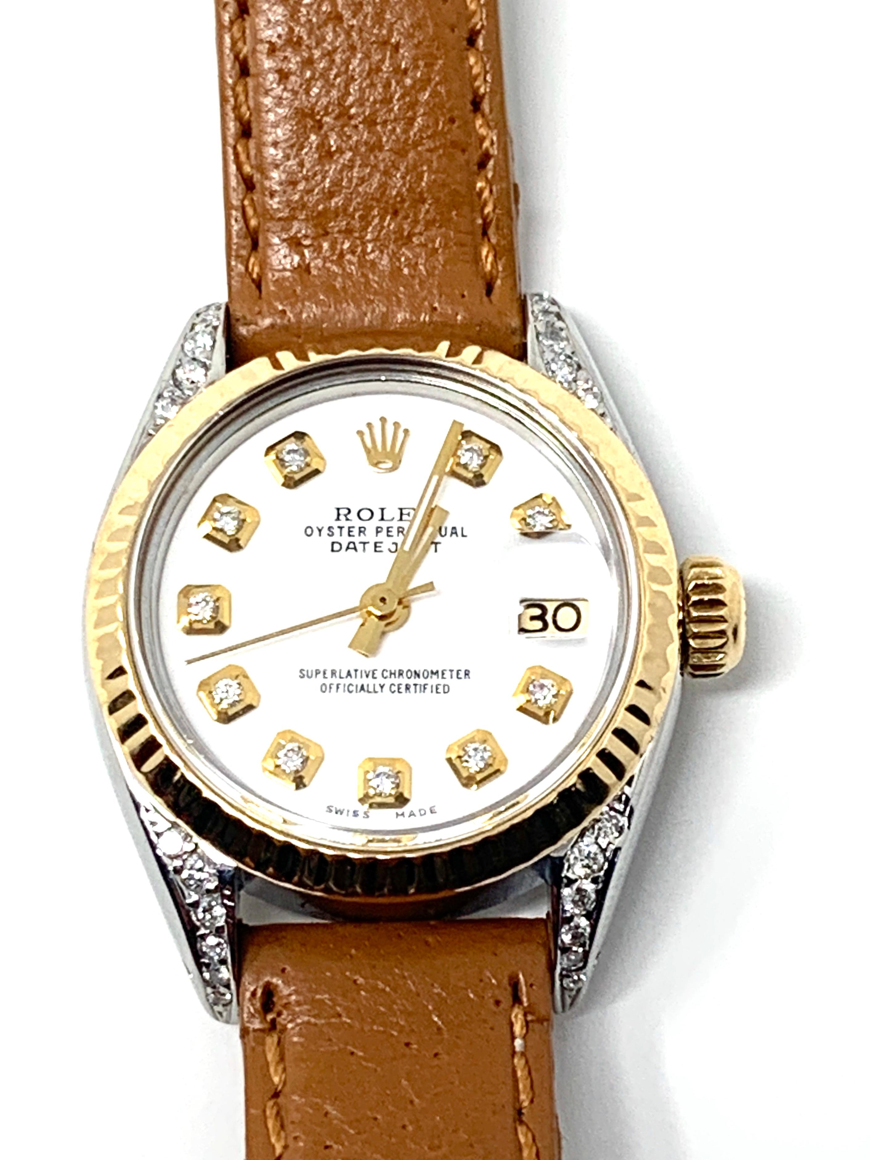 Moderne Rolex Ladies Datejust 69173 White Diamond on Brown Leather Band en vente