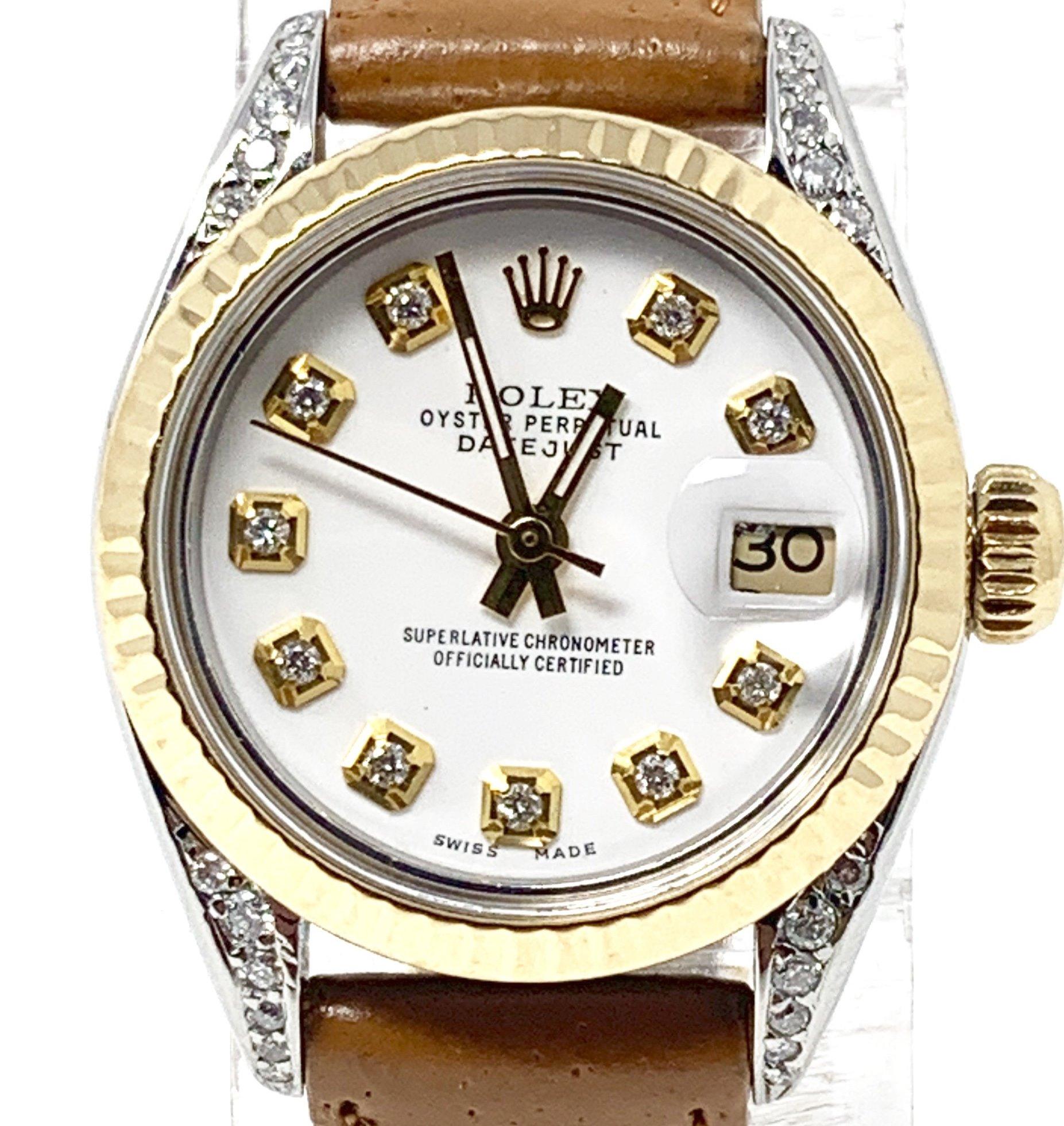 Modern Rolex Ladies Datejust 69173 White Diamond on Brown Leather Band For Sale