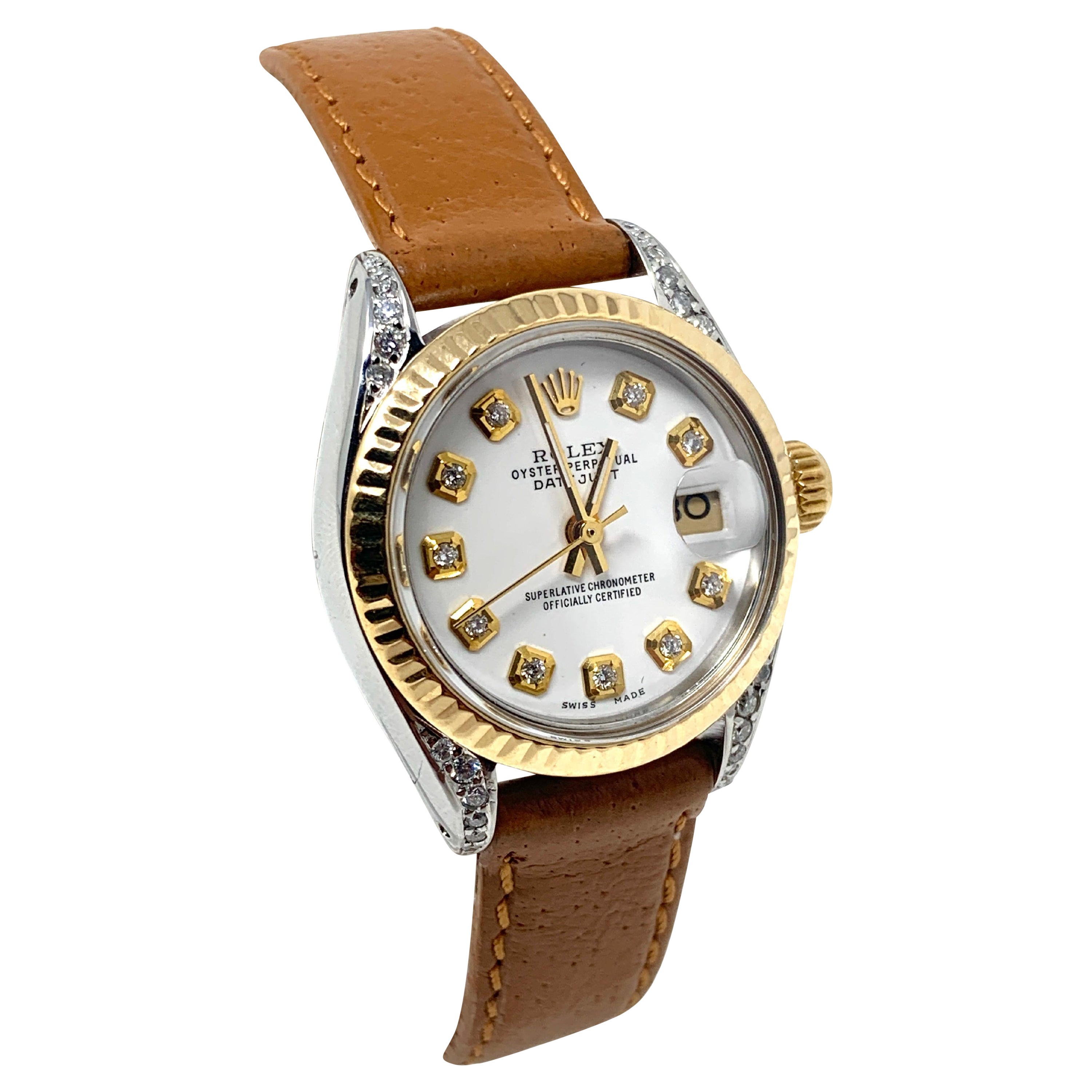 Rolex Ladies Datejust 69173 White Diamond on Brown Leather Band en vente