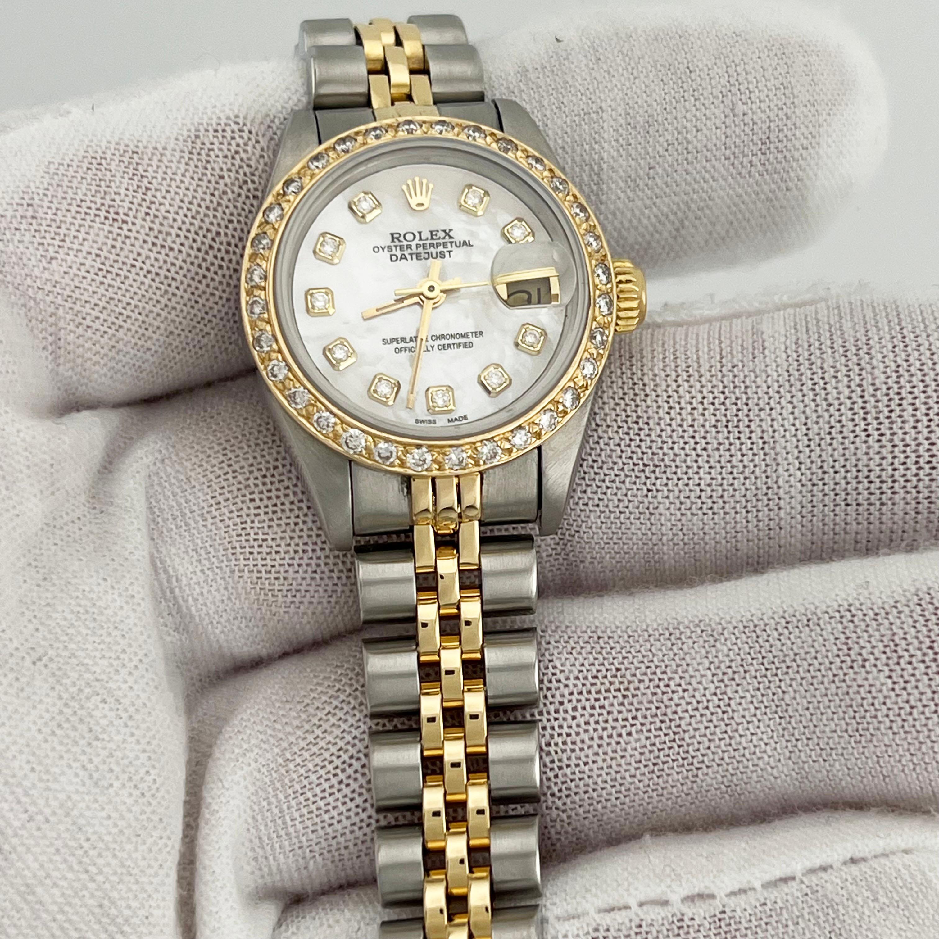 Rolex Ladies Datejust 69173 White MOP Diamond Dial Bezel 18K Yellow Gold Steel 1