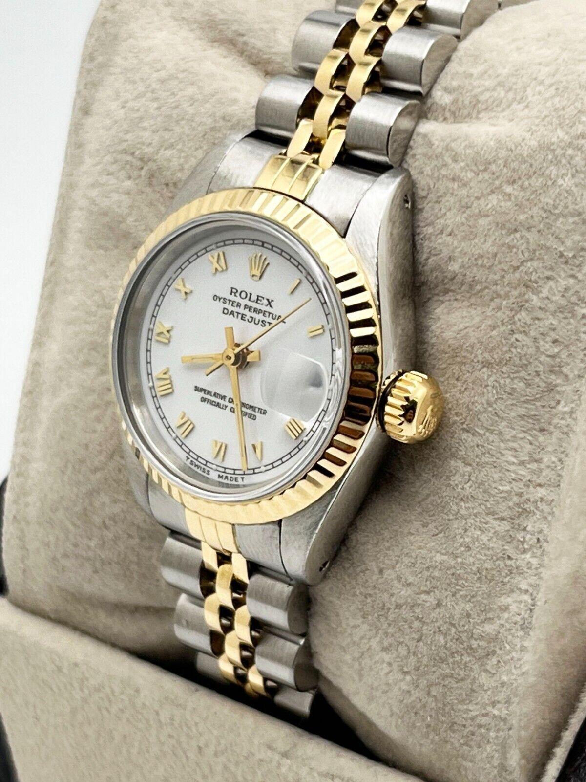 Rolex Montre Datejust 69173 pour femmes avec cadran romain blanc en or 18 carats, boîte et copie des papiers en vente 1