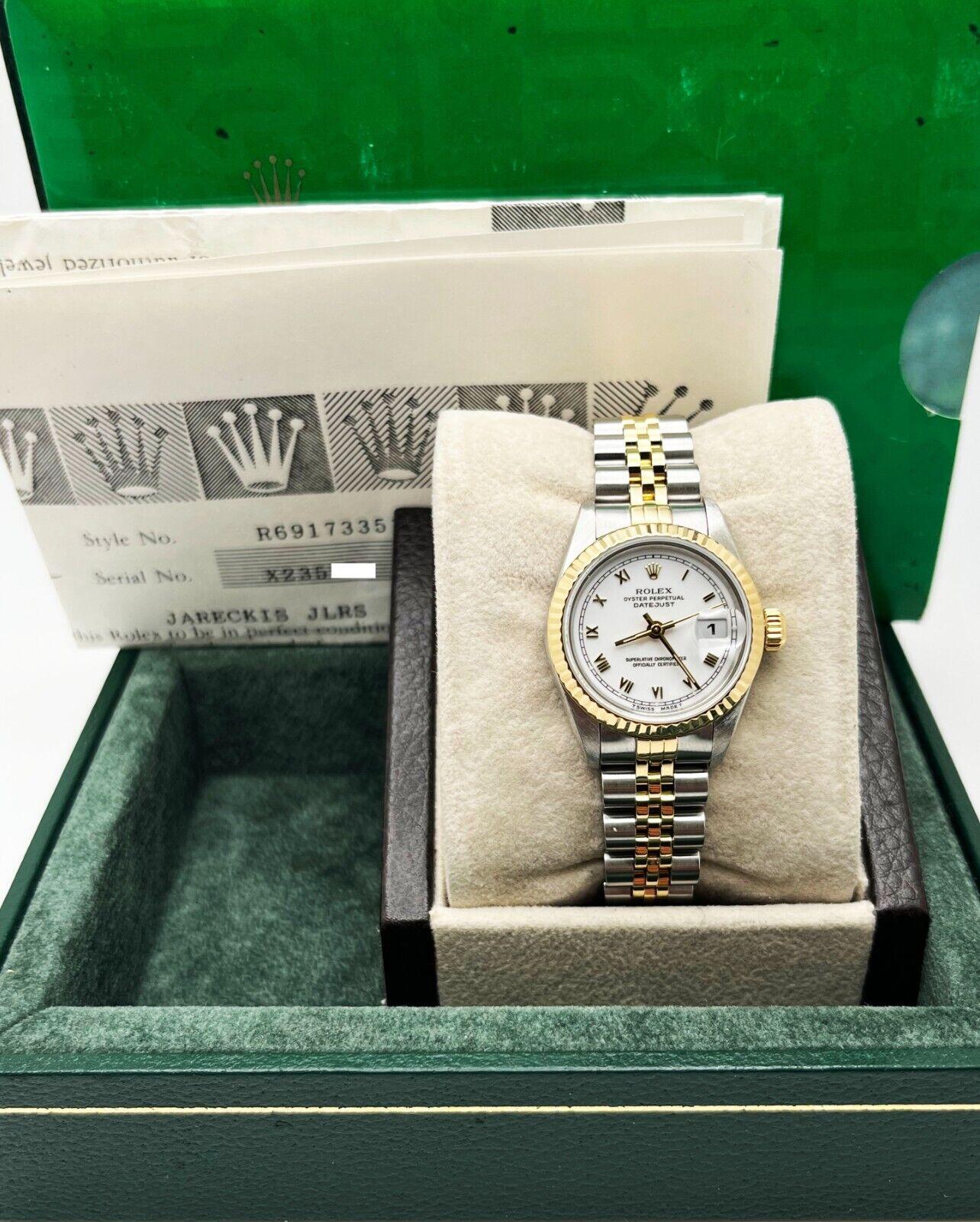 Rolex Montre Datejust 69173 pour femmes avec cadran romain blanc en or 18 carats, boîte et copie des papiers en vente 2