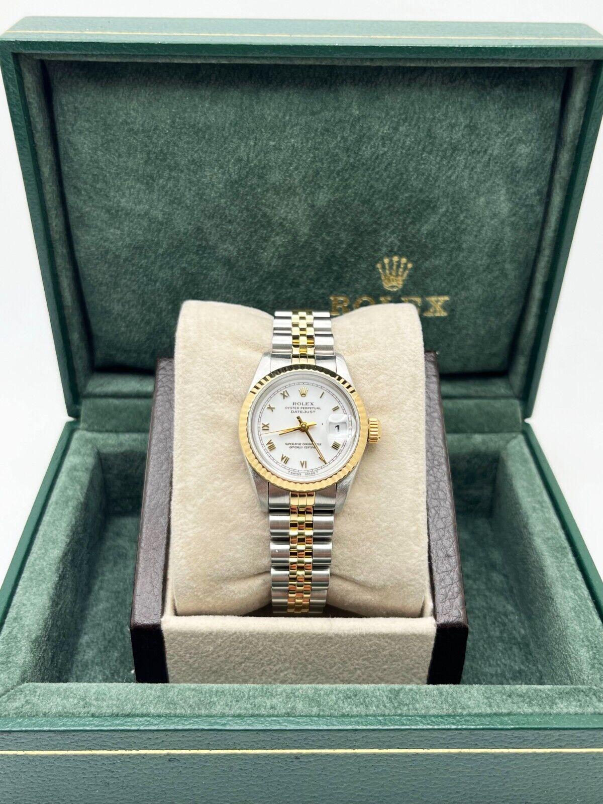Rolex Ladies Datejust 69173 White Roman Dial 18K Gold Steel Box Copy of Papers For Sale 3