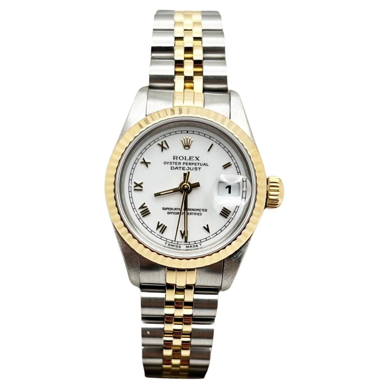 Rolex Ladies Datejust 69173 White Roman Dial 18K Gold Steel Box Copy of Papers For Sale