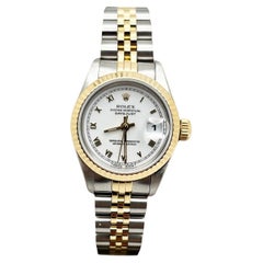 Used Rolex Ladies Datejust 69173 White Roman Dial 18K Gold Steel Box Copy of Papers