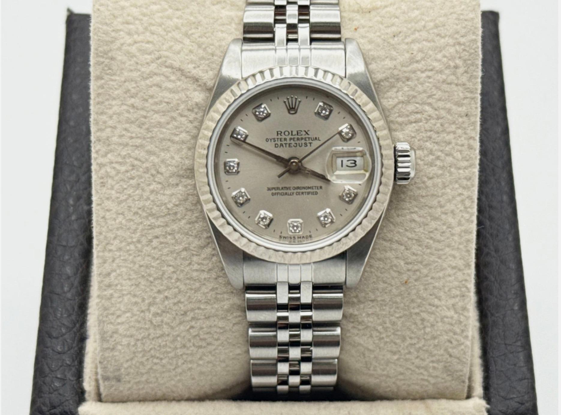 Rolex Ladies Datejust 69174 Factory Silver Diamond Dial Stainless Steel 18K Gold Pour femmes en vente