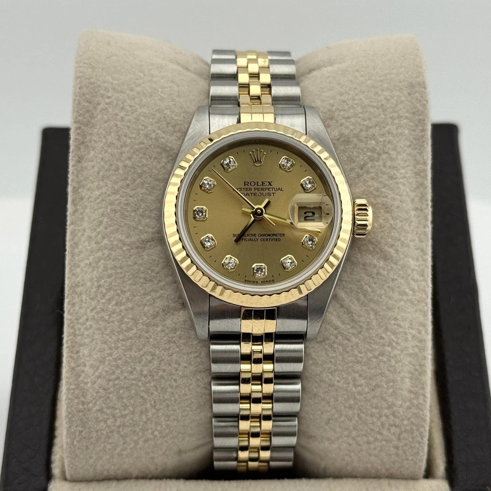 Rolex Ladies Datejust 79173 26mm Champagne Diamond Dial Jubilee Box Paper In Excellent Condition For Sale In San Diego, CA