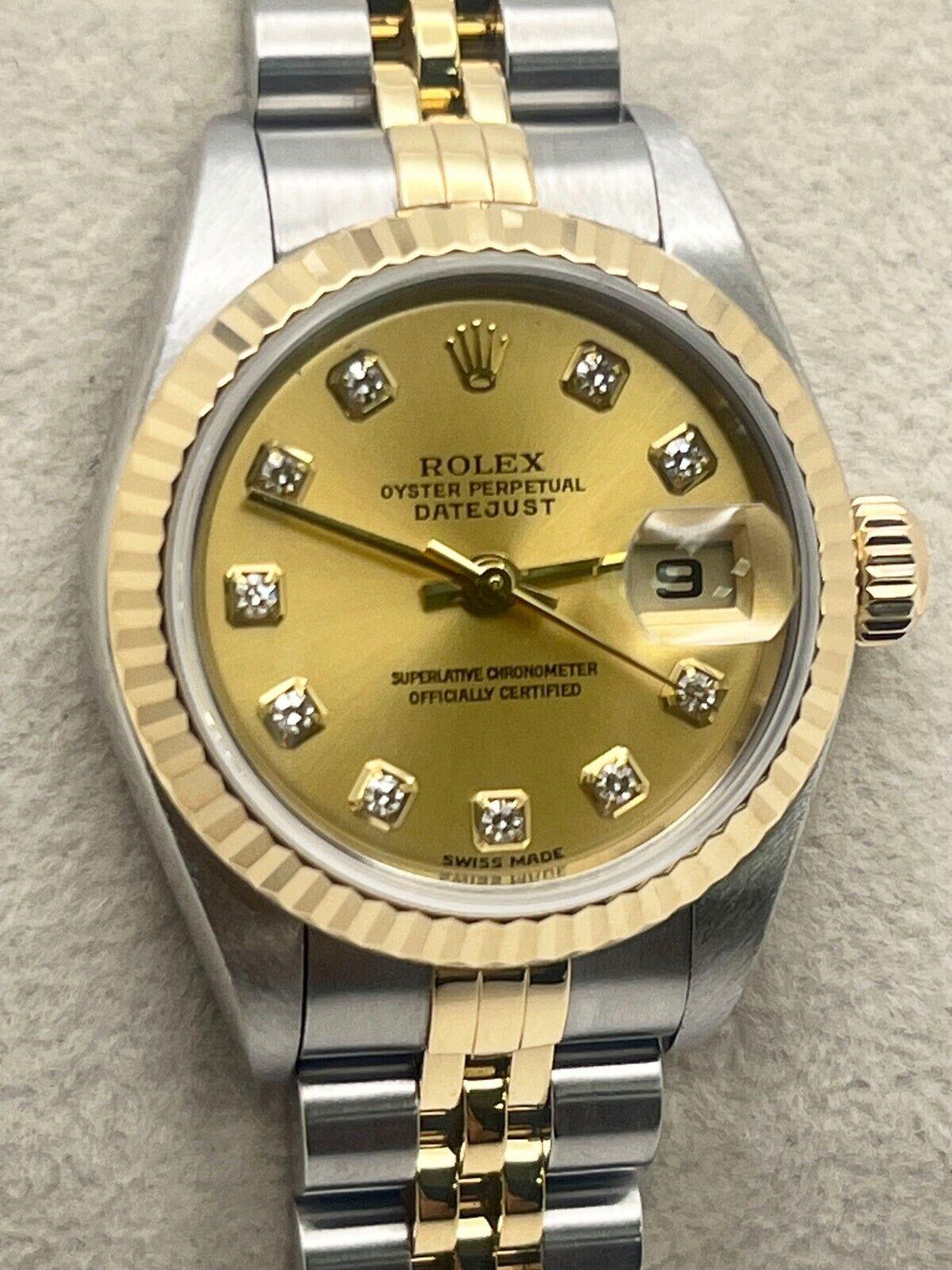 Rolex Ladies Datejust 79173 Champagne Diamond Dial 18K Gold Stainless Box Paper