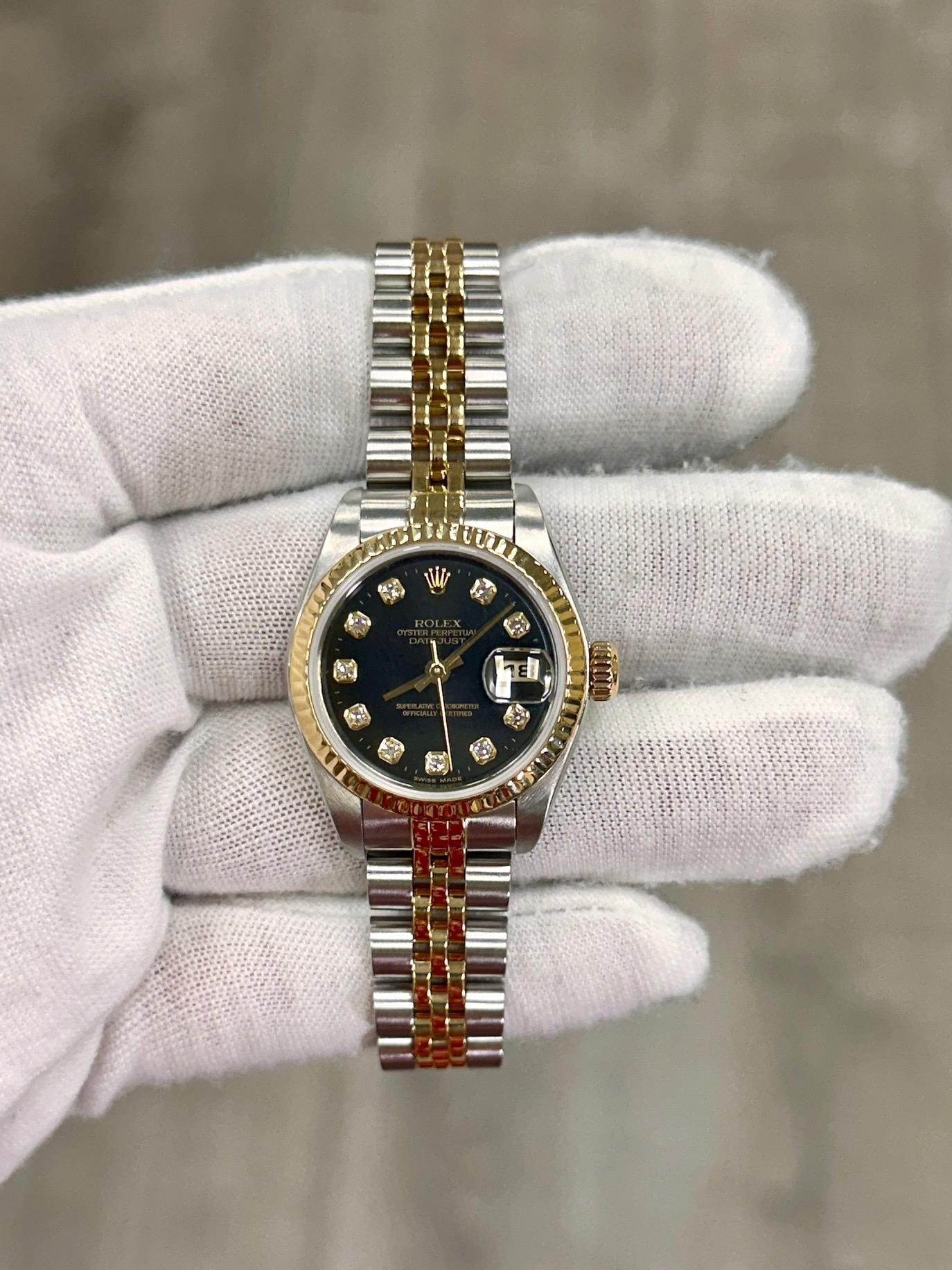 Rolex Ladies Datejust 79173 Fabrik schwarzes Diamant-Zifferblatt 18K Gold Edelstahl im Zustand „Hervorragend“ im Angebot in San Diego, CA