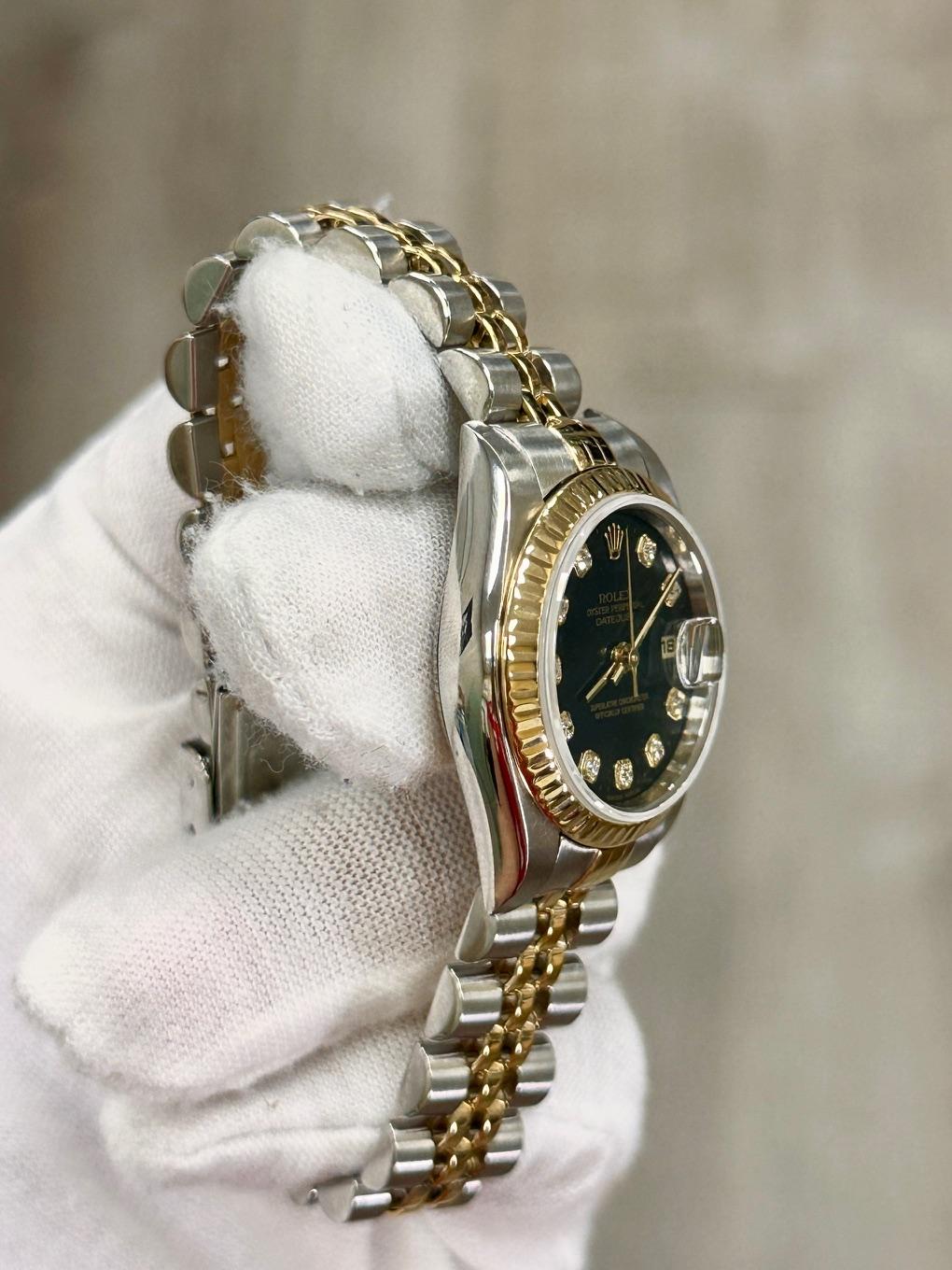 Rolex Ladies Datejust 79173 Fabrik schwarzes Diamant-Zifferblatt 18K Gold Edelstahl im Angebot 2