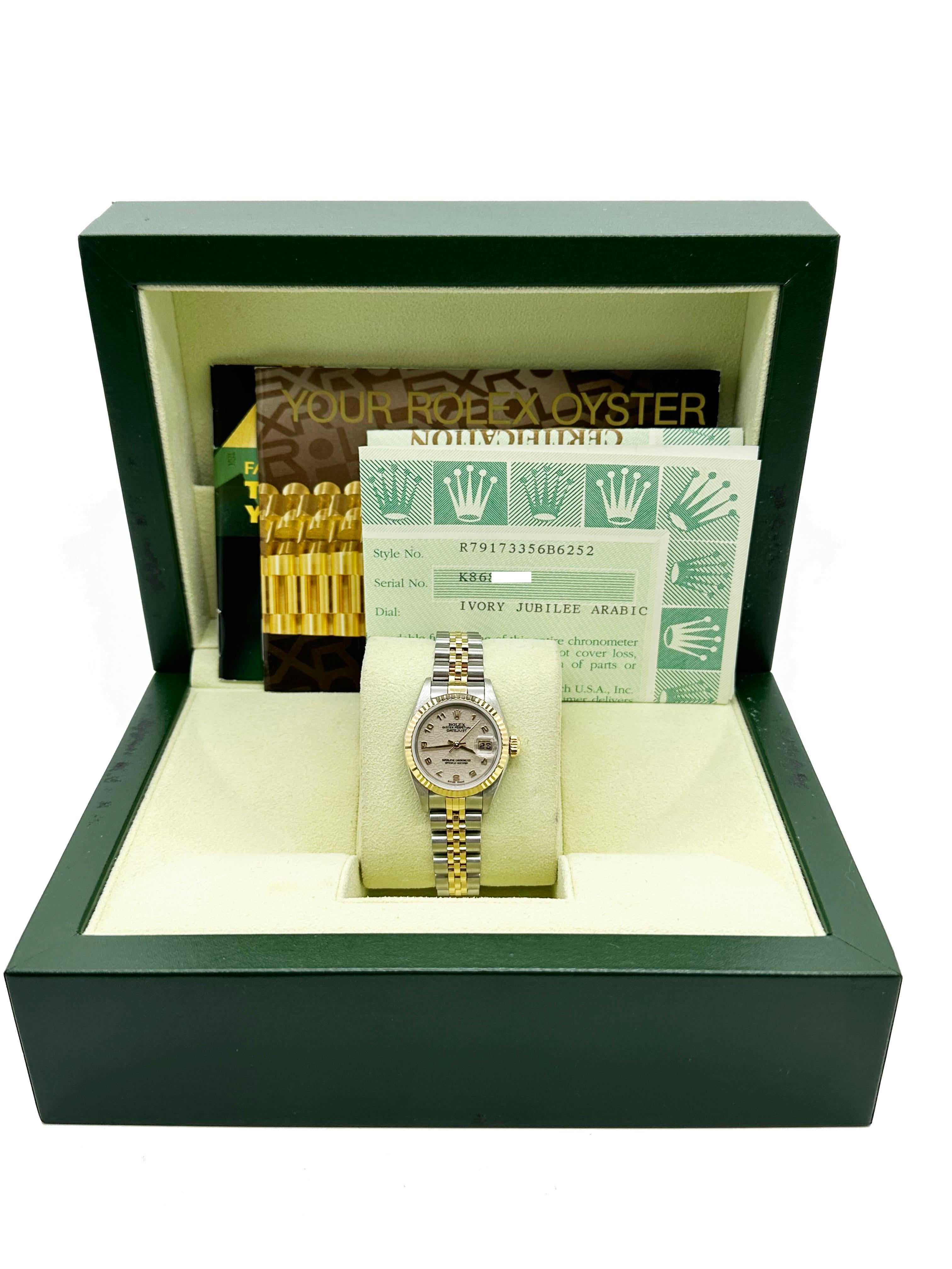 Style Number: 79173



Serial: K868***



Year: 2003

 

Model: Ladies Datejust

 

Case Material: Stainless Steel

 

Band: 18K Yellow Gold & Stainless Steel

 

Bezel: 18K Yellow Gold

 

Dial: Factory Ivory Jubilee Arabic Dial

 

Face: Sapphire