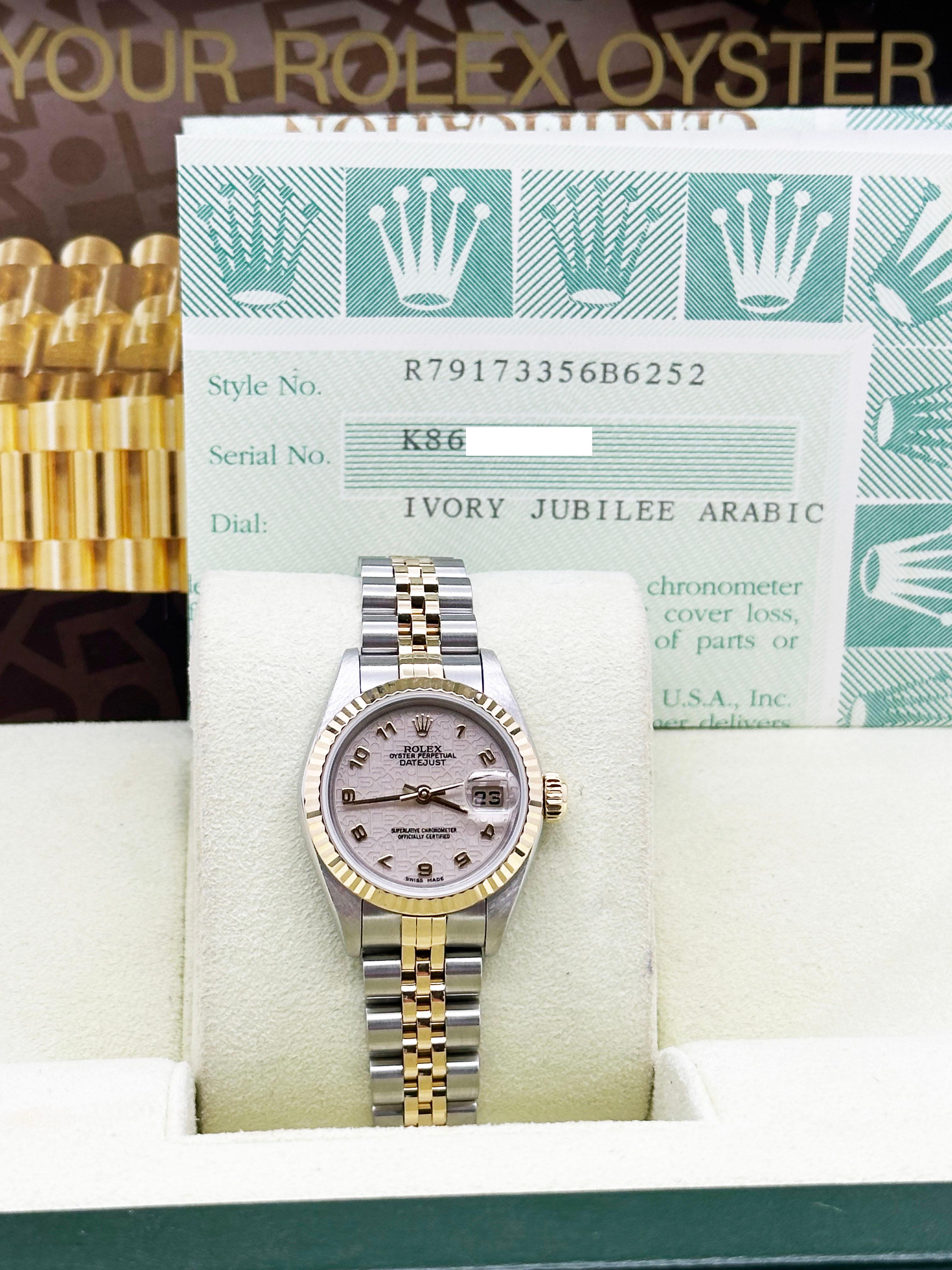 Rolex Ladies Datejust 79173 Ivory Jubilee Arabic Dial 18K Yellow Gold Box Paper In Excellent Condition In San Diego, CA
