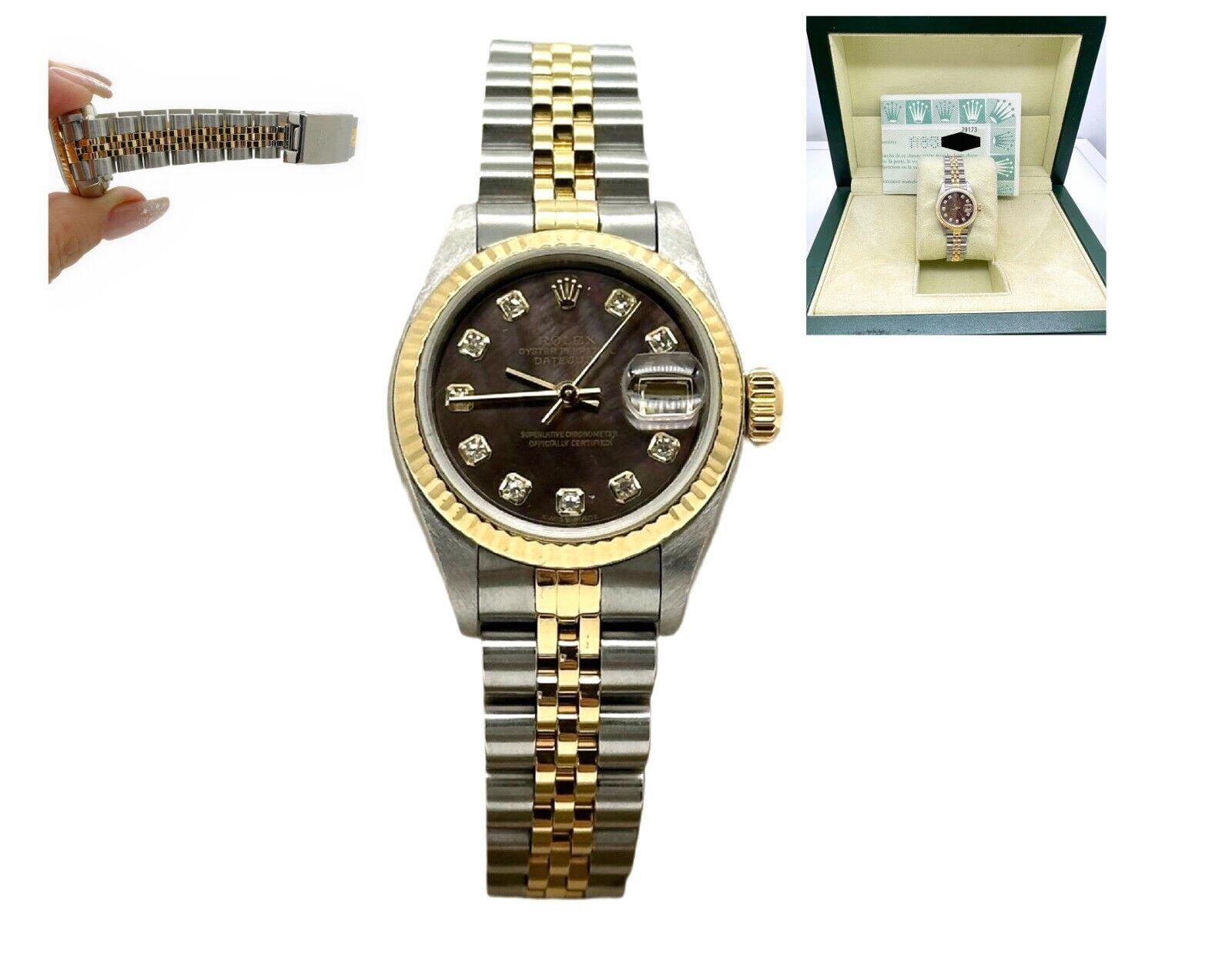 Rolex Ladies Datejust 79173 MOP Diamond Dial 18K Yellow Gold Box Paper 2000 Qual In Excellent Condition For Sale In San Diego, CA