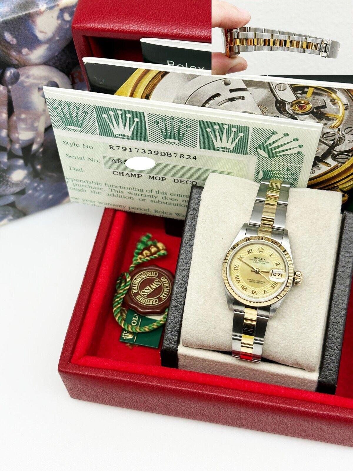 Women's Rolex Ladies Datejust 79173 MOP Roman Dial 18K Yellow Gold Box Paper 2002 For Sale