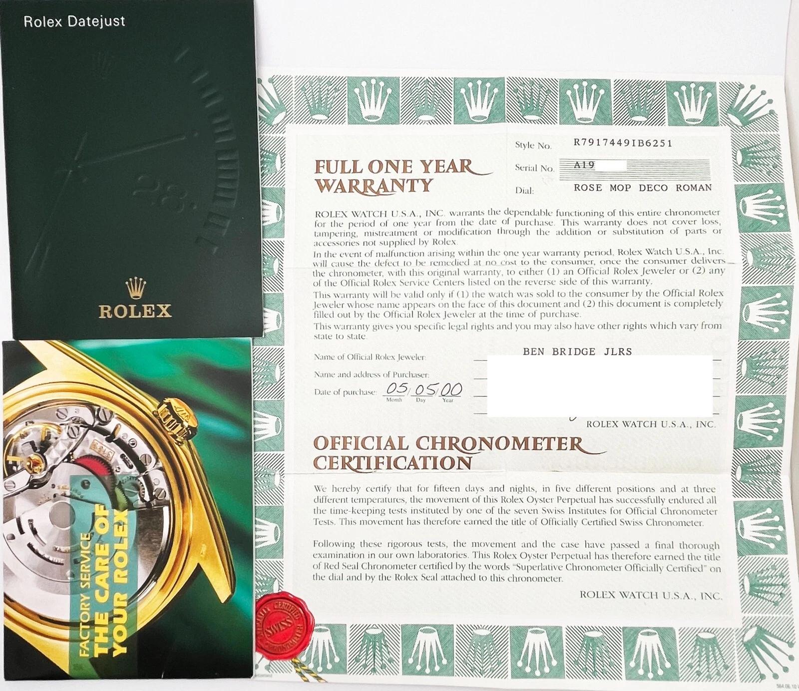 Rolex Ladies Datejust 79174 MOP Deco Roman Dial Steel Box Papers Excellent état - En vente à San Diego, CA