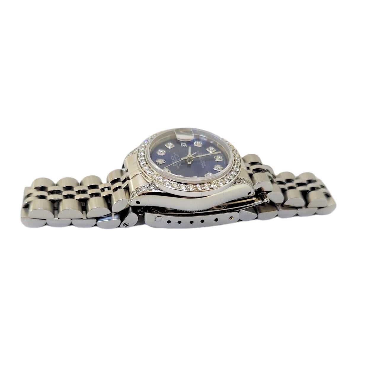 Gender - Ladies
Condition - Pre owned
Model - 69174 datejust
Metals - stainless steel
Case size - 26mm
Crystal - Sapphire
Bezel - custom steel 1CT diamond
Movement - automatic caliber 2135
Dial - refinished Blue diamond
Wrist band - stainless steel