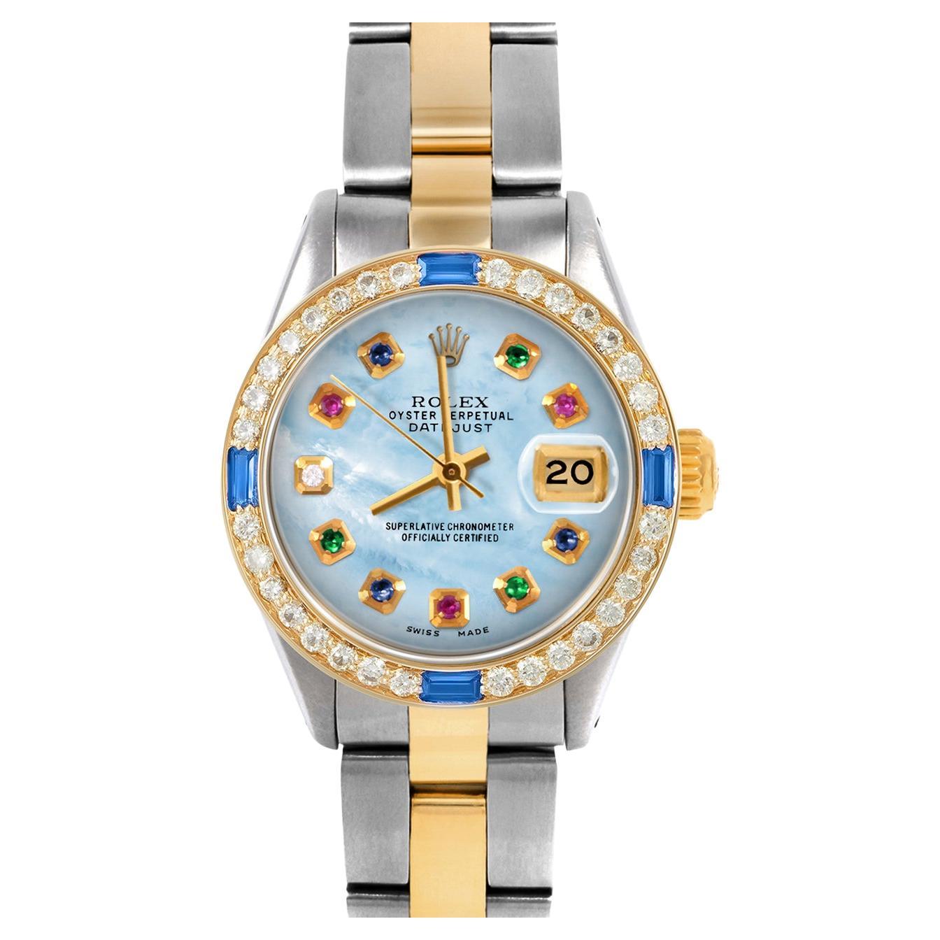 Rolex Montre Datejust bleue avec cadran arc-en-ciel et lunette en diamants et saphirs, pour femmes en vente