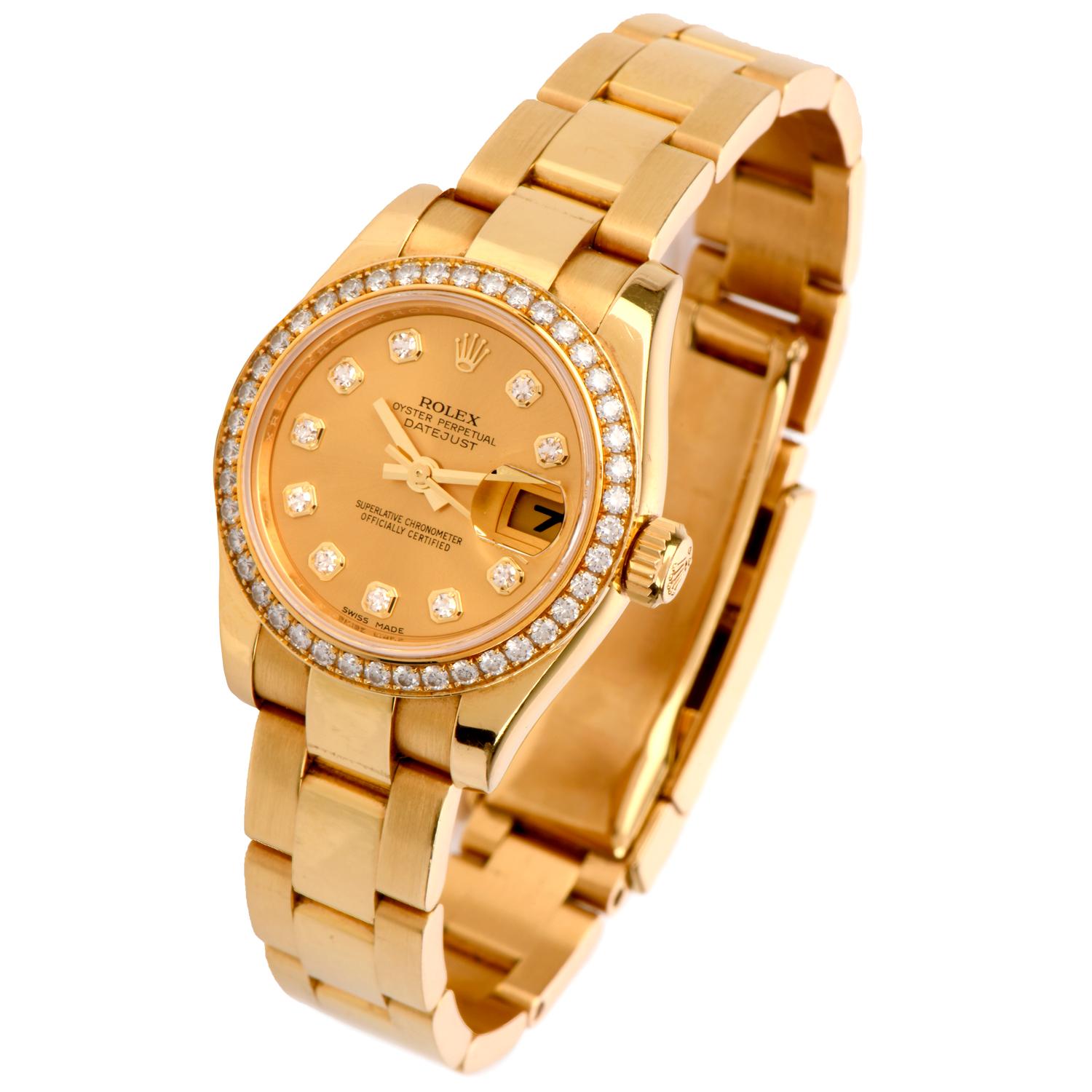 Rolex Ladies-Datejust Diamond Face 18 Karat Gold Watch Ref 179138 In Excellent Condition In Miami, FL