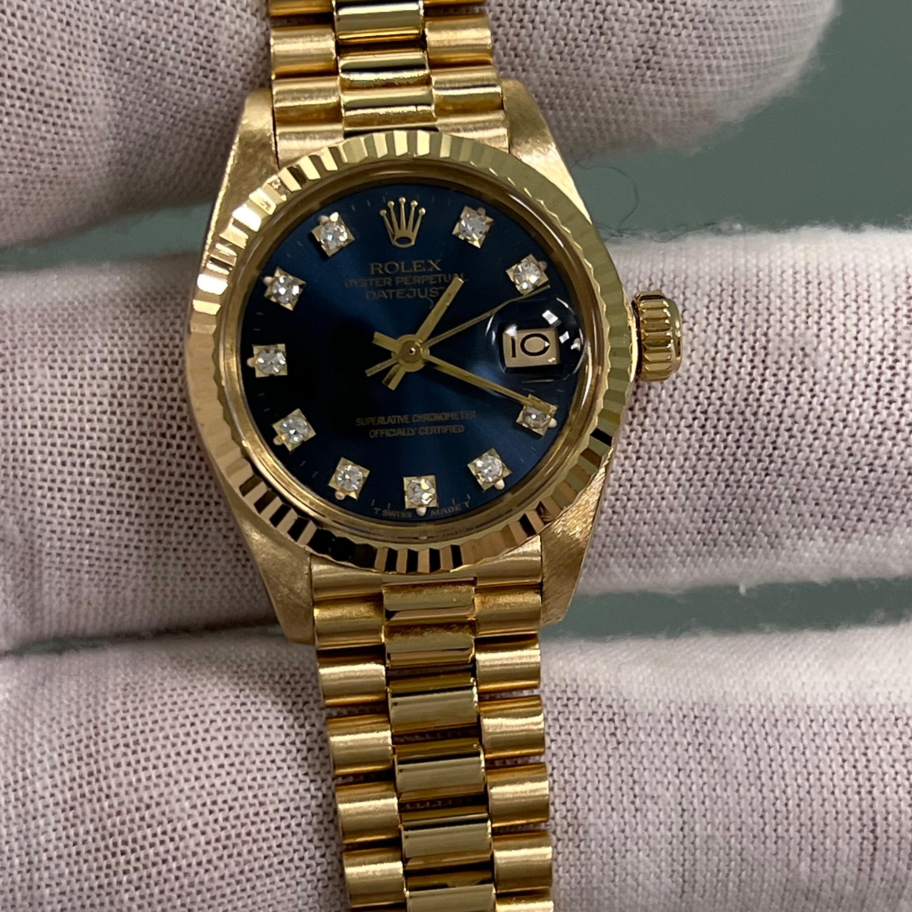 Rolex Ladies Datejust President 6917 Blue Diamond Dial 18K Yellow Gold Box Paper 6
