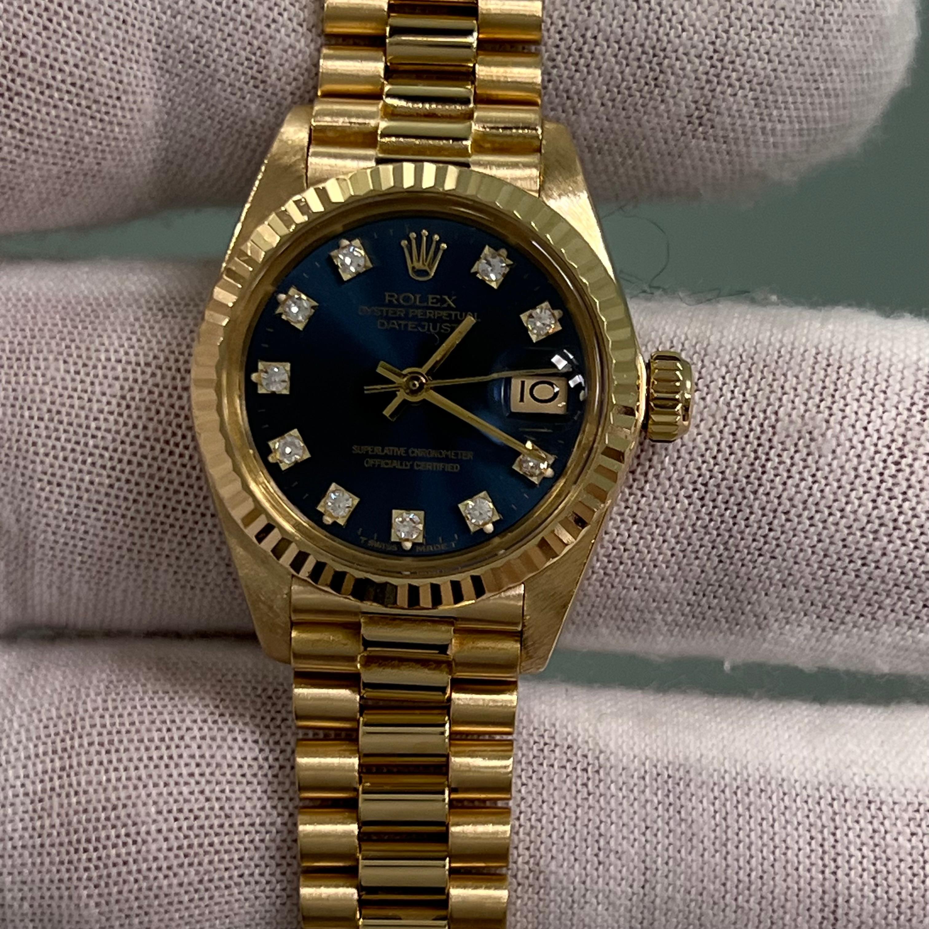 Rolex Ladies Datejust President 6917 Blue Diamond Dial 18K Yellow Gold Box Paper 7