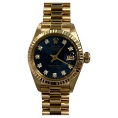 Rolex Ladies Datejust President 6917 Blue Diamond Dial 18K Yellow Gold Box Paper