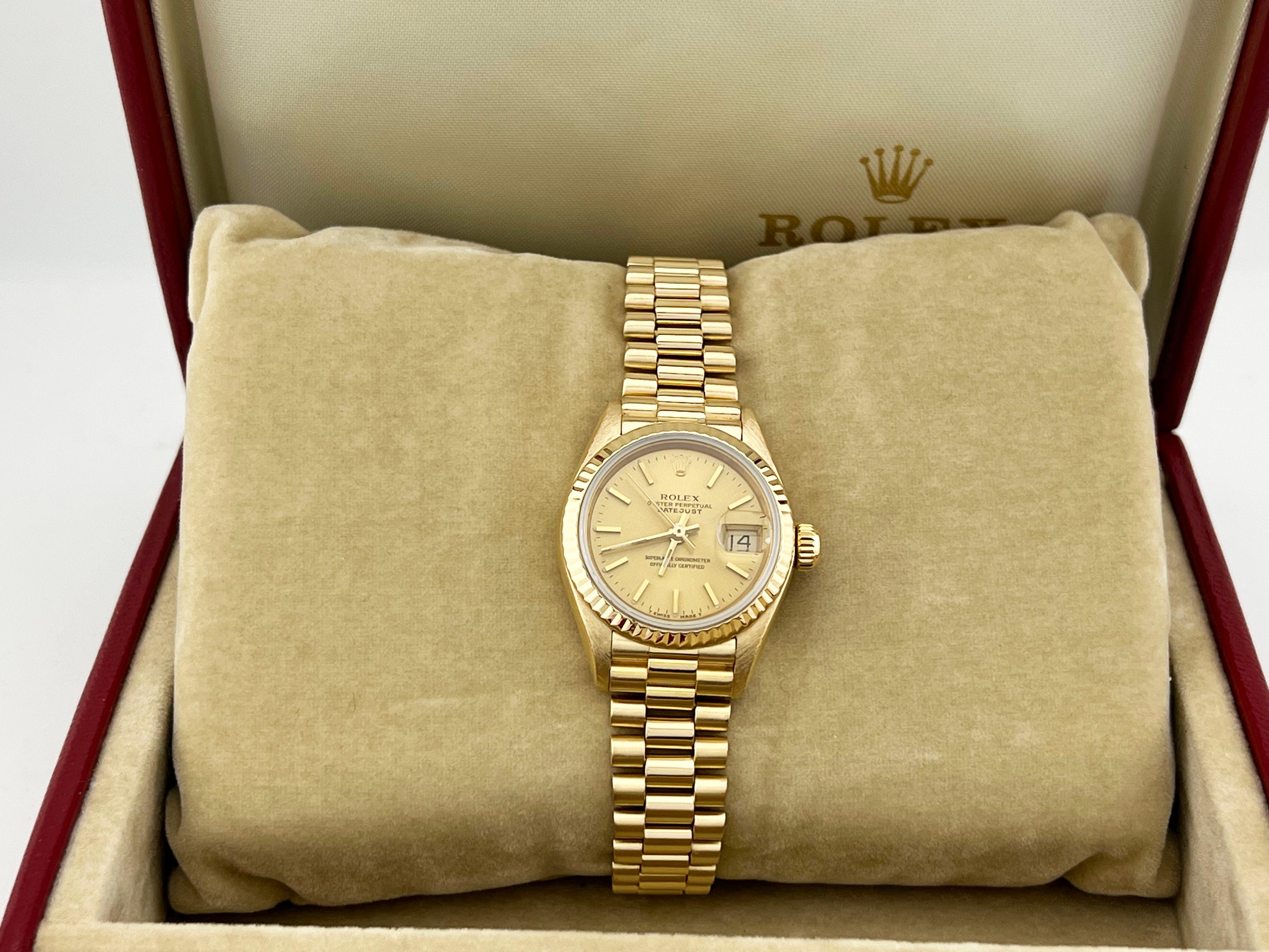 Style Number: 69178



Serial: L834***



Year: 1989

 

Model: Rolex Ladies Datejust President

 

Case Material: 18K Yellow Gold 

 

Band:  18K Yellow Gold 

  

Bezel:  18K Yellow Gold 

  

Dial: Champagne Dial 

 

Face: Sapphire Crystal 

