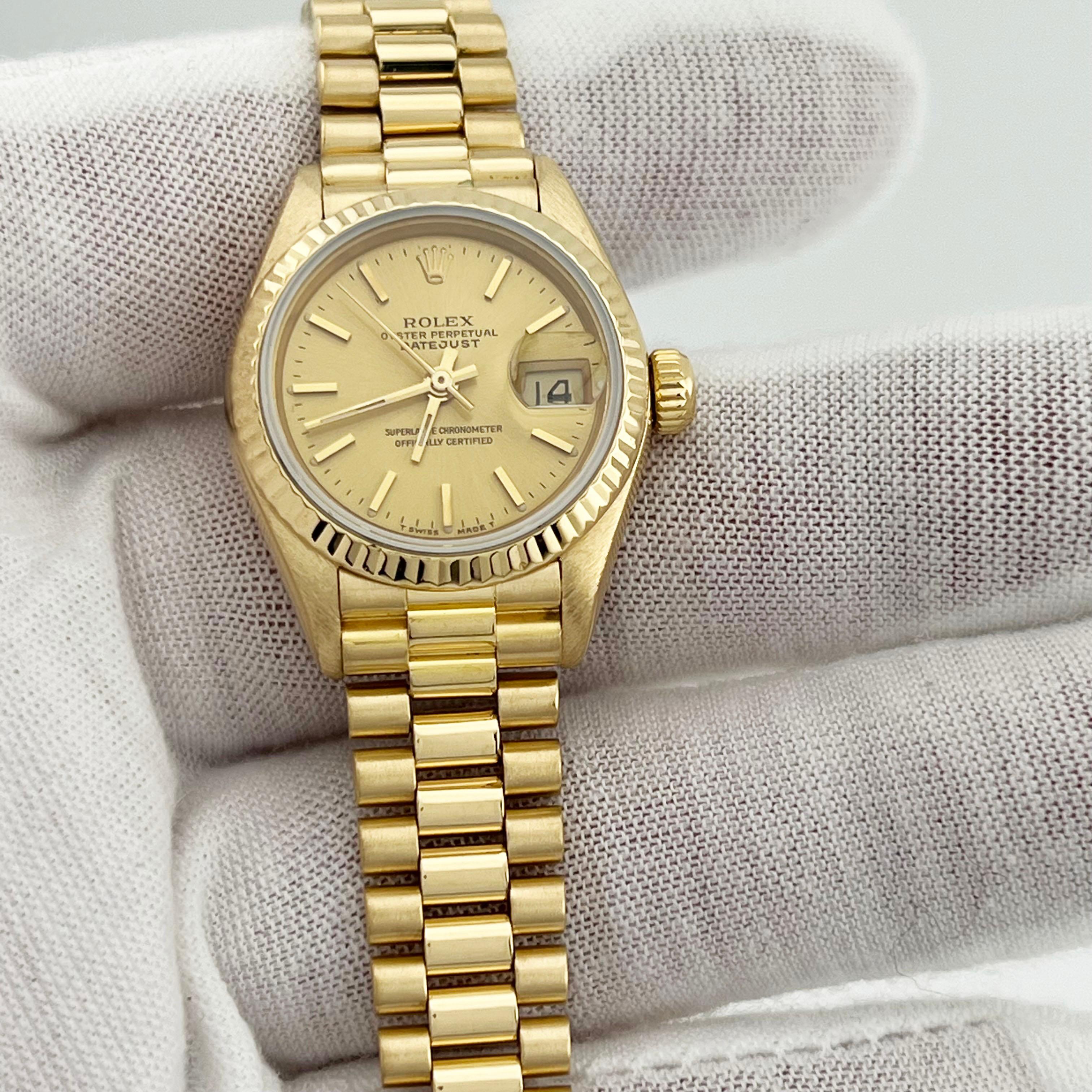 Rolex Ladies Datejust President 69178 Champagne Dial 18K Yellow Gold 26mm In Excellent Condition For Sale In San Diego, CA