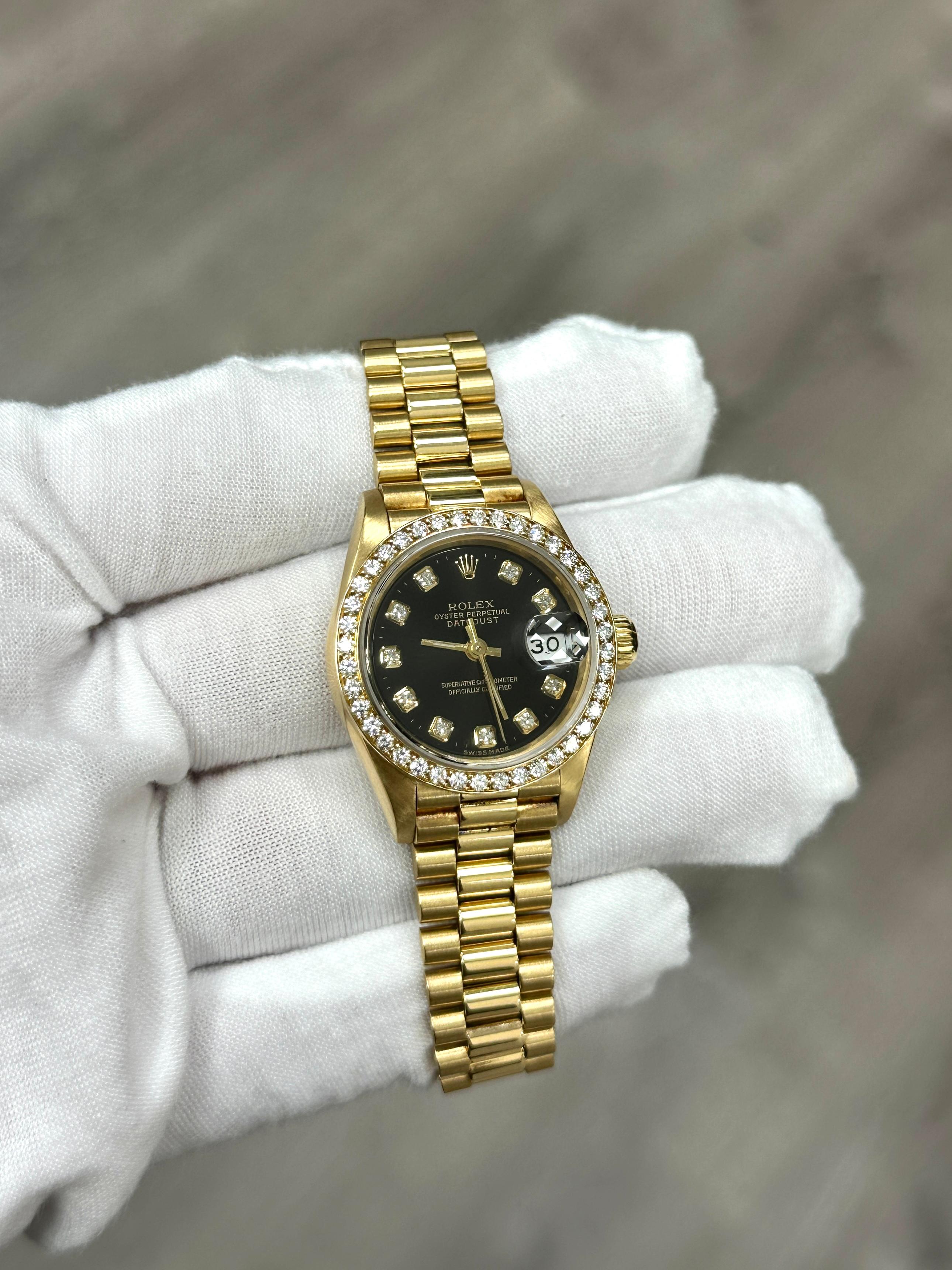 Rolex Damen Datejust Präsident 69178 Fabrik schwarz Diamant-Zifferblatt 18K Gelbgold im Angebot 5