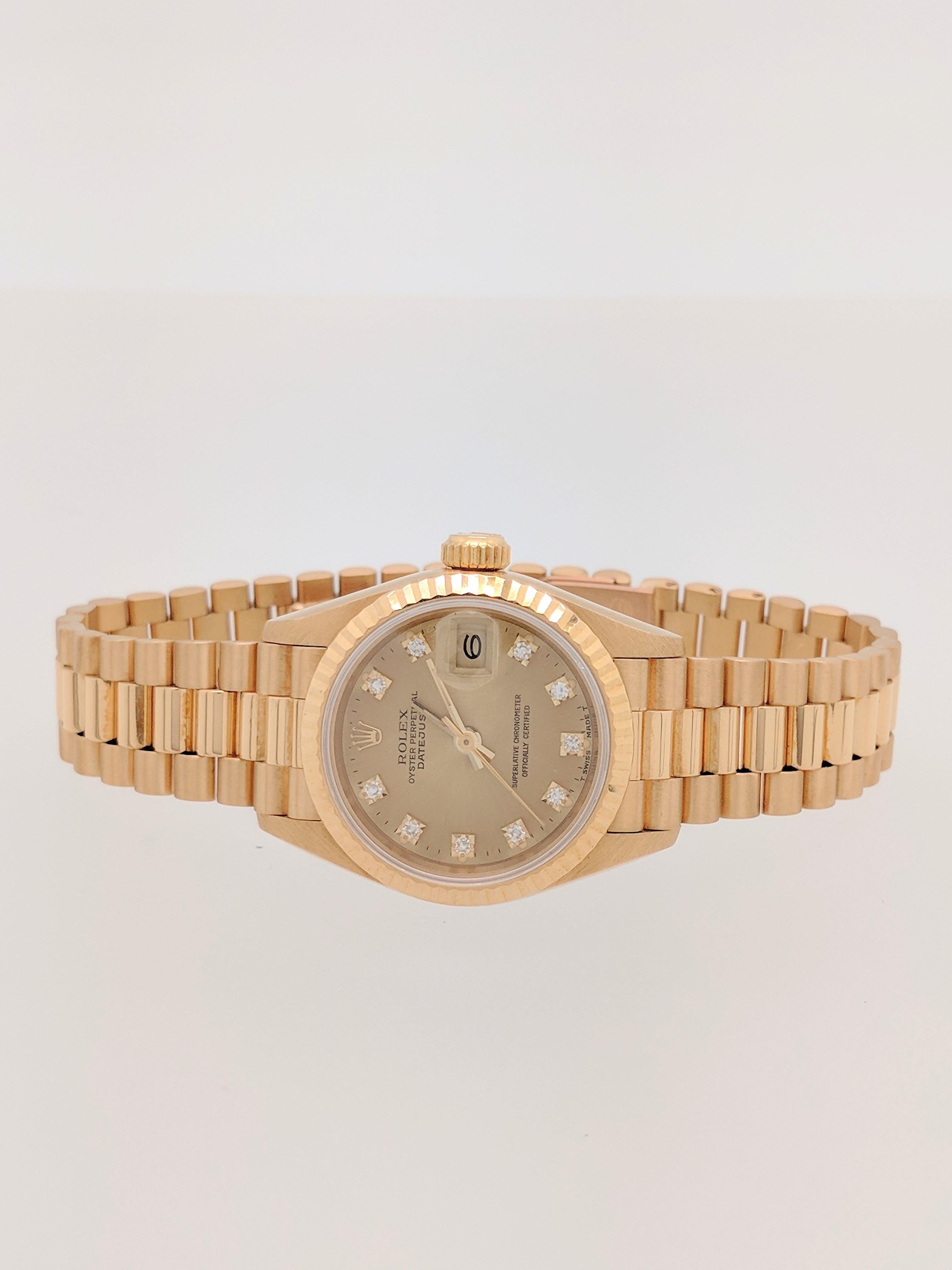 Rolex Ladies DateJust President Original Diamond Dial Watch 69178

You are viewing an authentic Rolex DateJust President 69178 Ladies Watch.

Watch features a 18k yellow gold jubilee bracelet with a Fliplock clasp, a matching fluted bezel and 26mm