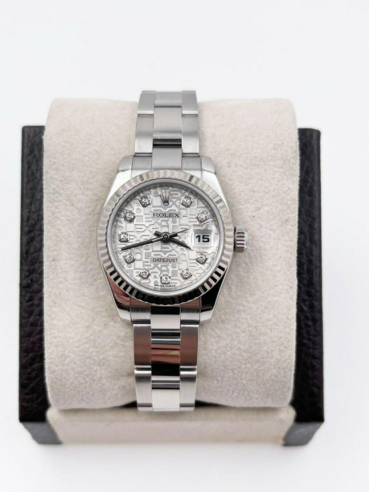 Rolex Ladies Datejust Stainless 179174 Jubilee Silver Diamond Dial Box